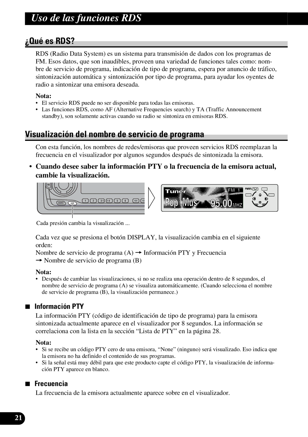 Pioneer DEH-P6300R Uso de las funciones RDS, ¿Qué es RDS?, Visualización del nombre de servicio de programa, Frecuencia 