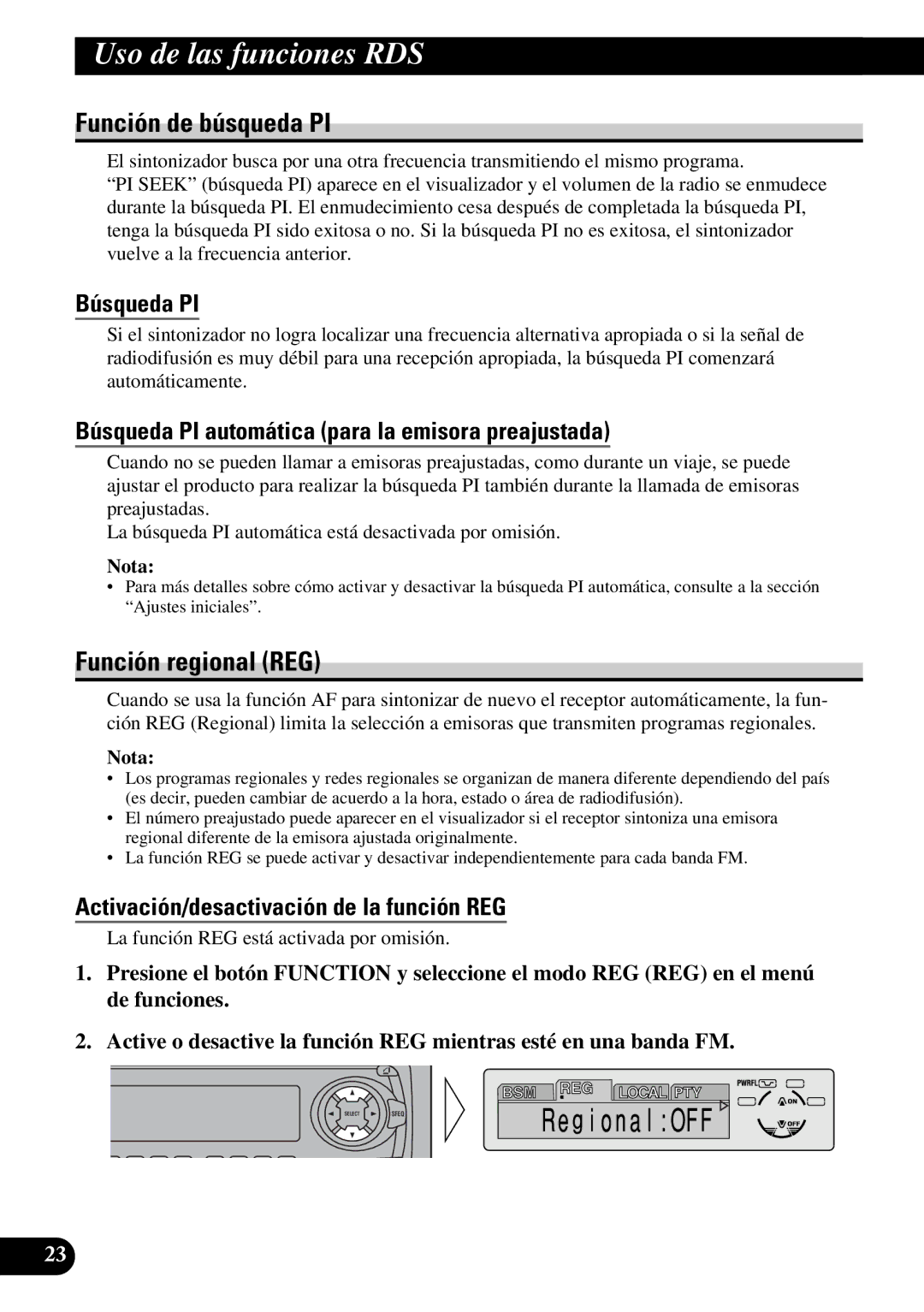 Pioneer DEH-P6300R Función de búsqueda PI, Función regional REG, Búsqueda PI, Activación/desactivación de la función REG 