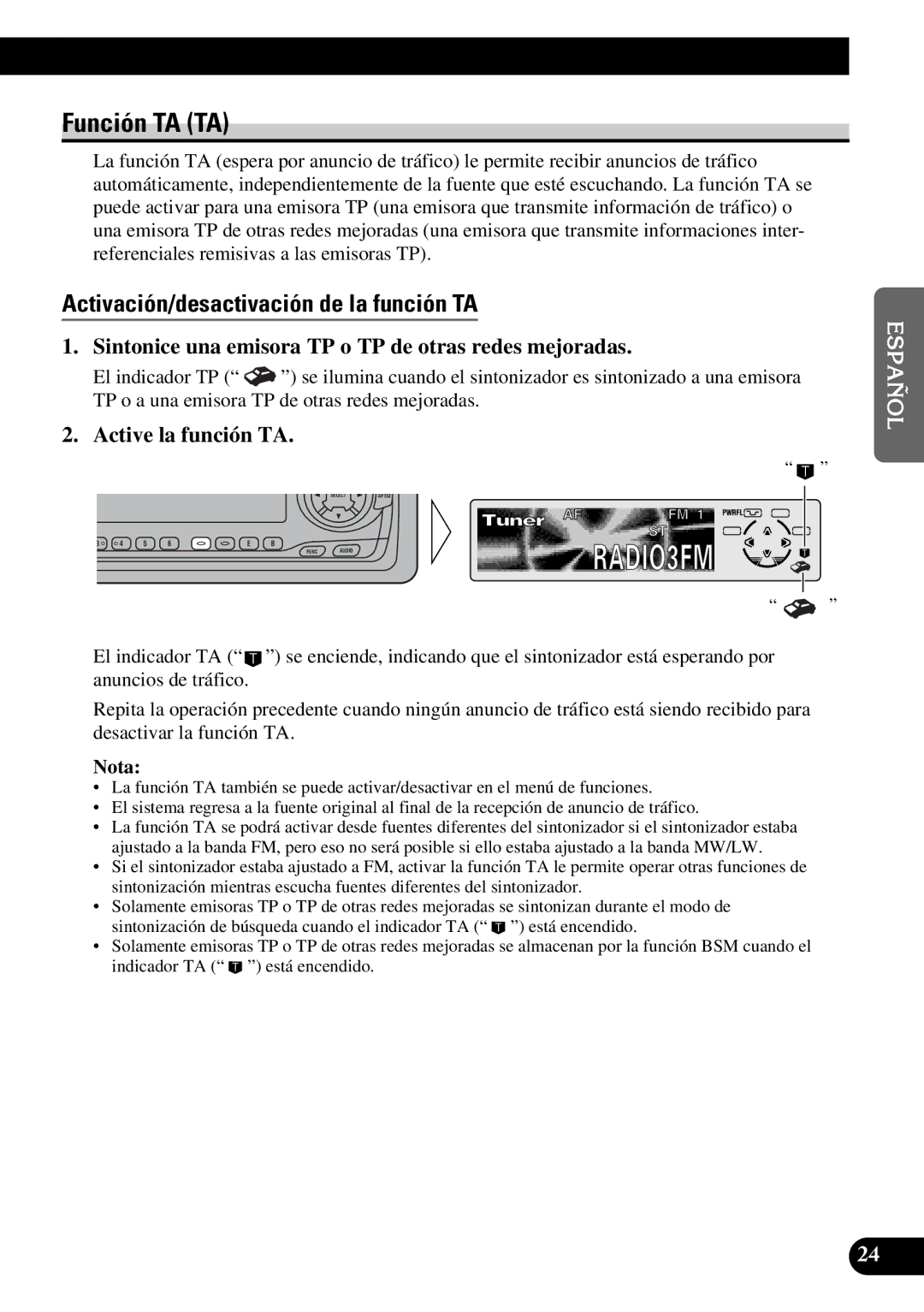 Pioneer DEH-P7300R, DEH-P6300R Función TA TA, Activación/desactivación de la función TA, Active la función TA 