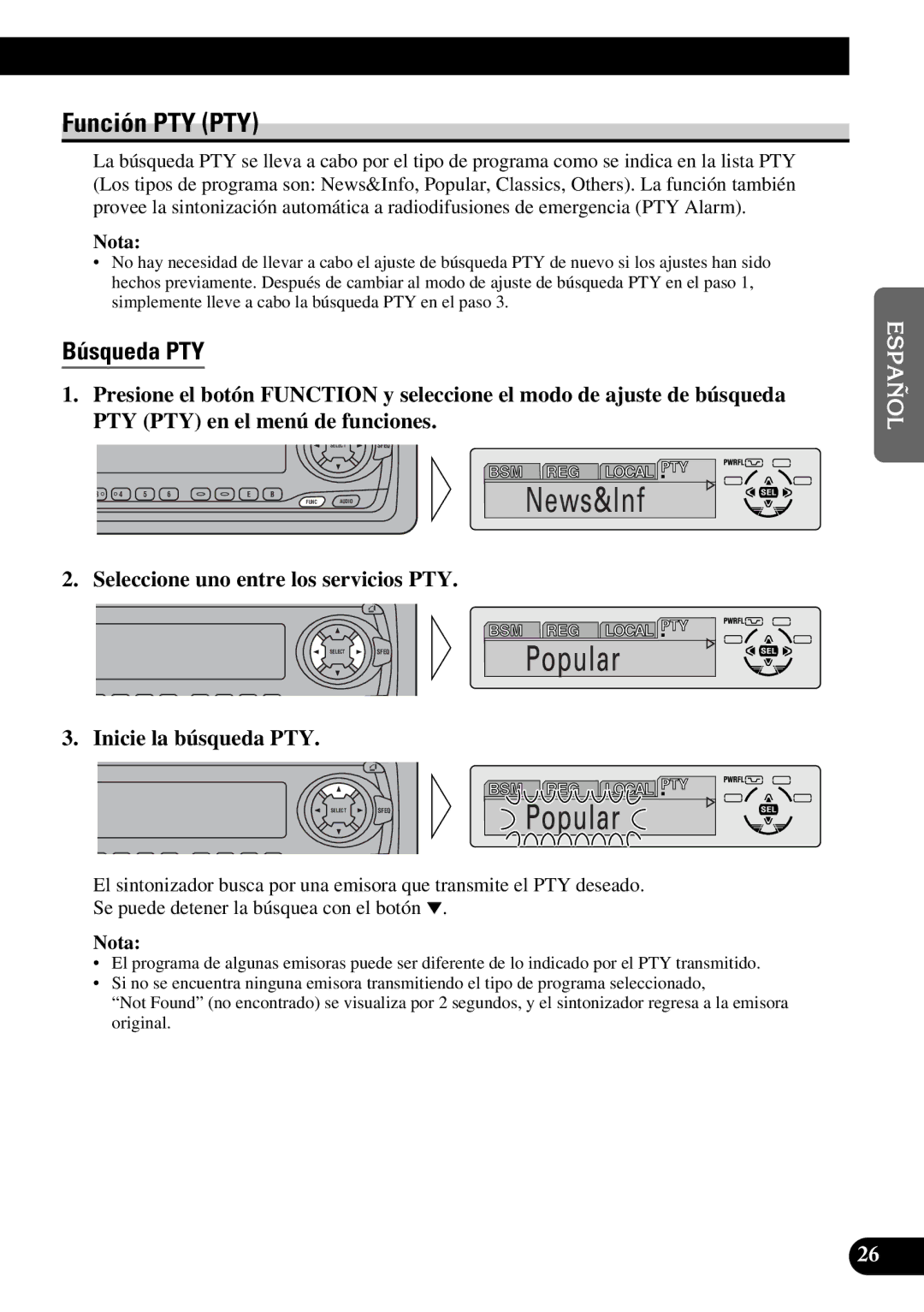 Pioneer DEH-P7300R Función PTY PTY, Búsqueda PTY, Seleccione uno entre los servicios PTY, Inicie la búsqueda PTY 