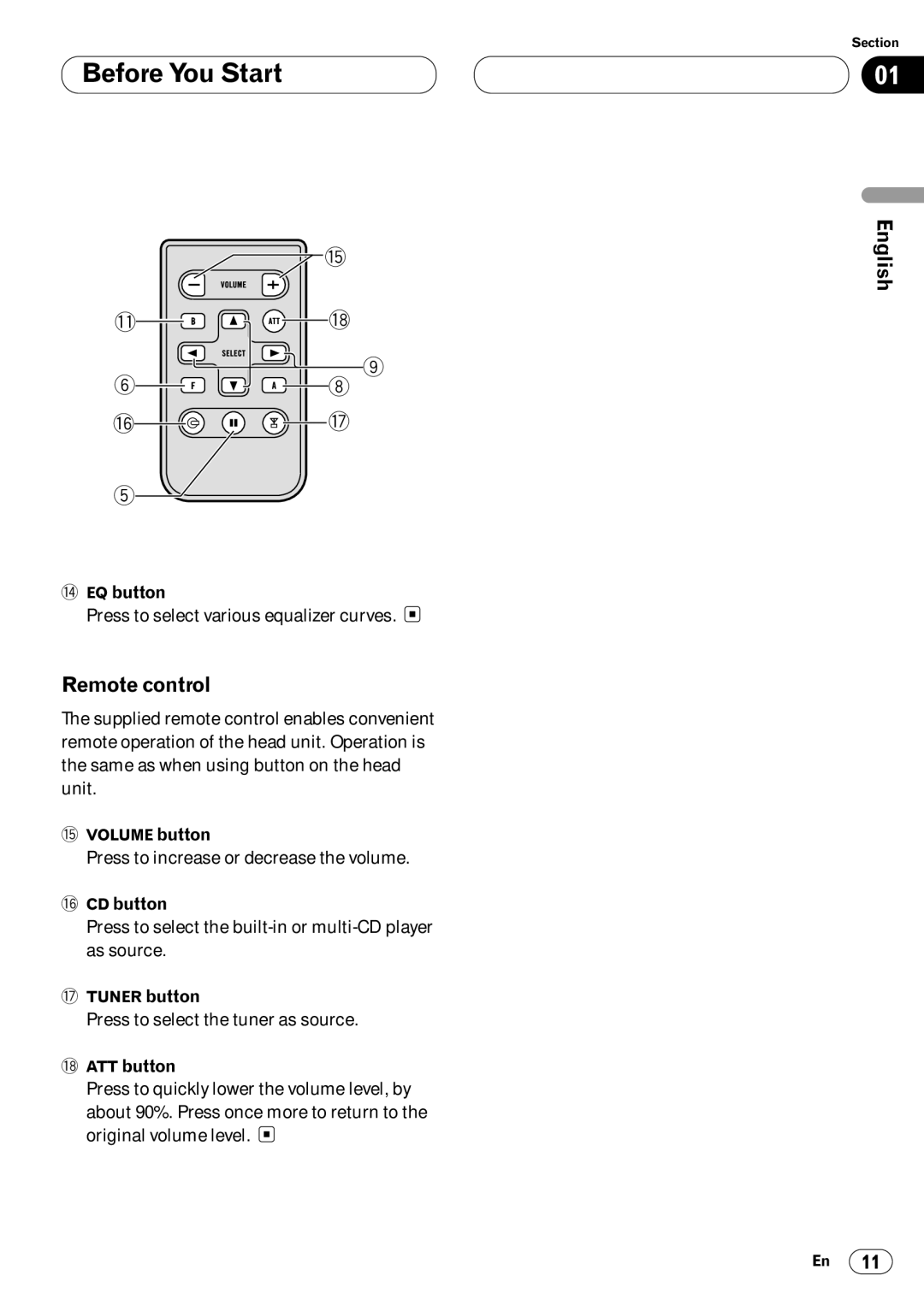 Pioneer DEH-P640 operation manual Remote control, EQ button, # CD button, ATT button 