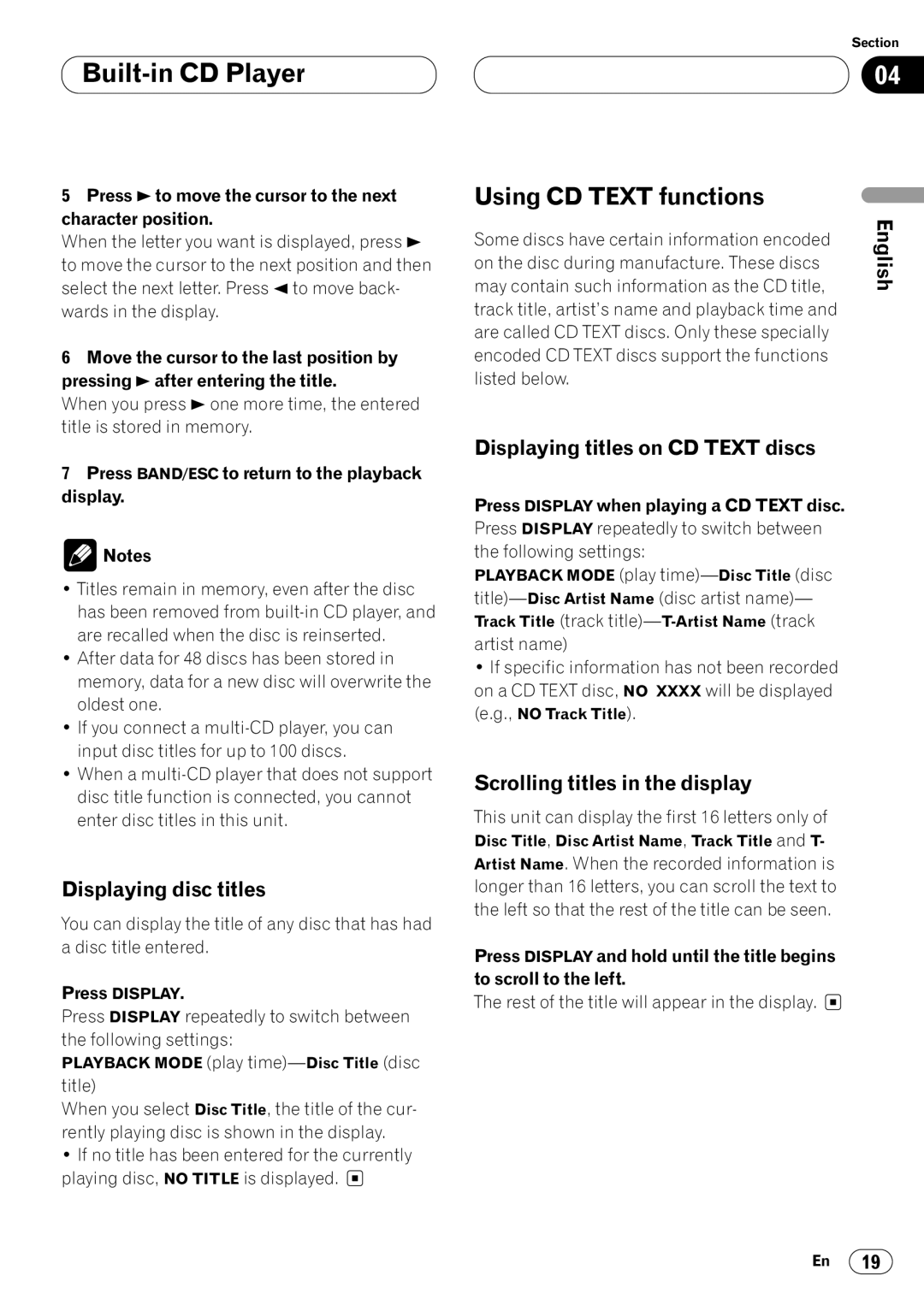 Pioneer DEH-P640 operation manual Using CD Text functions, Displaying disc titles, Displaying titles on CD Text discs 