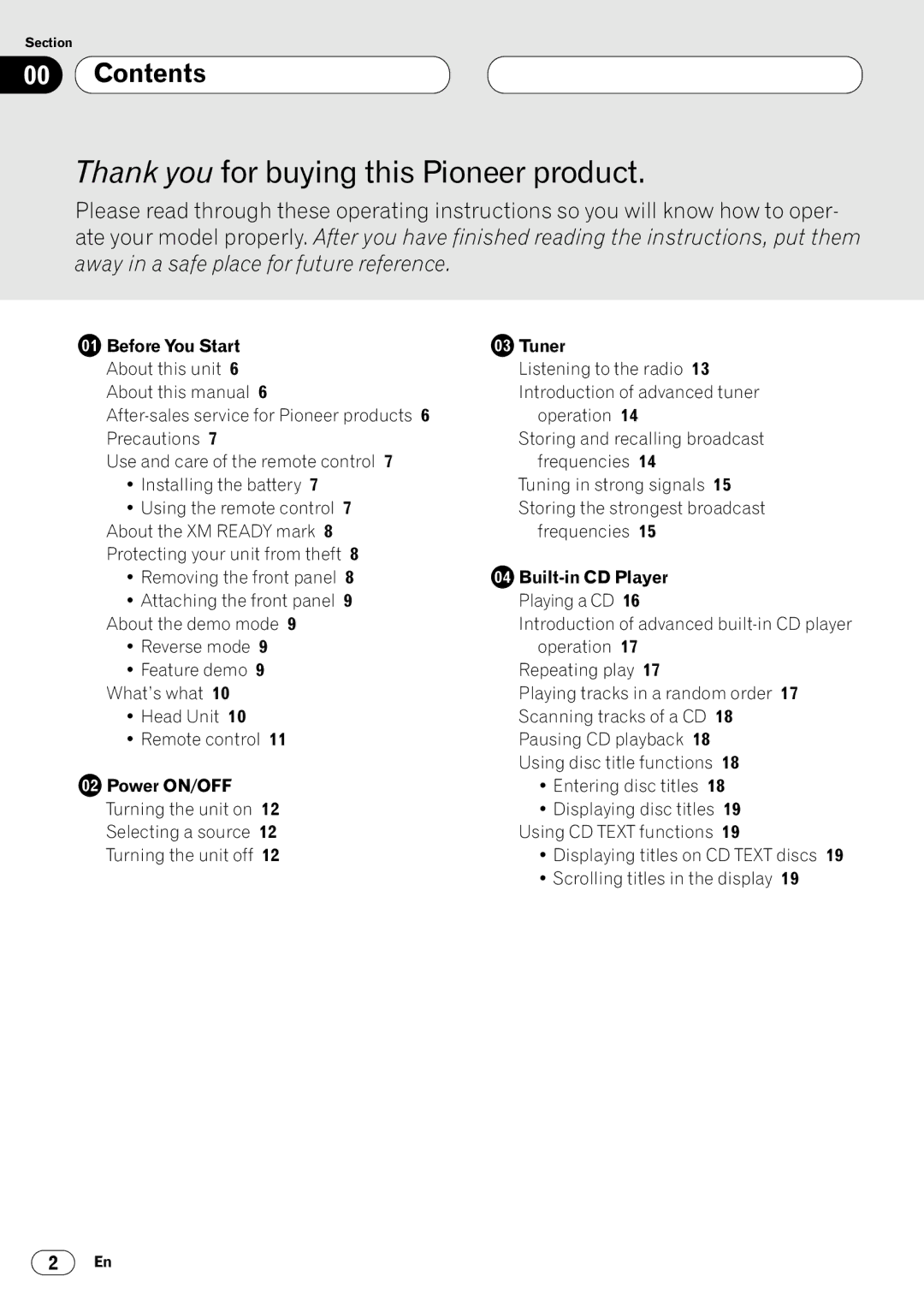 Pioneer DEH-P640 Contents, Before You Start About this unit 6 About this manual, Power ON/OFF, Tuner, Built-in CD Player 