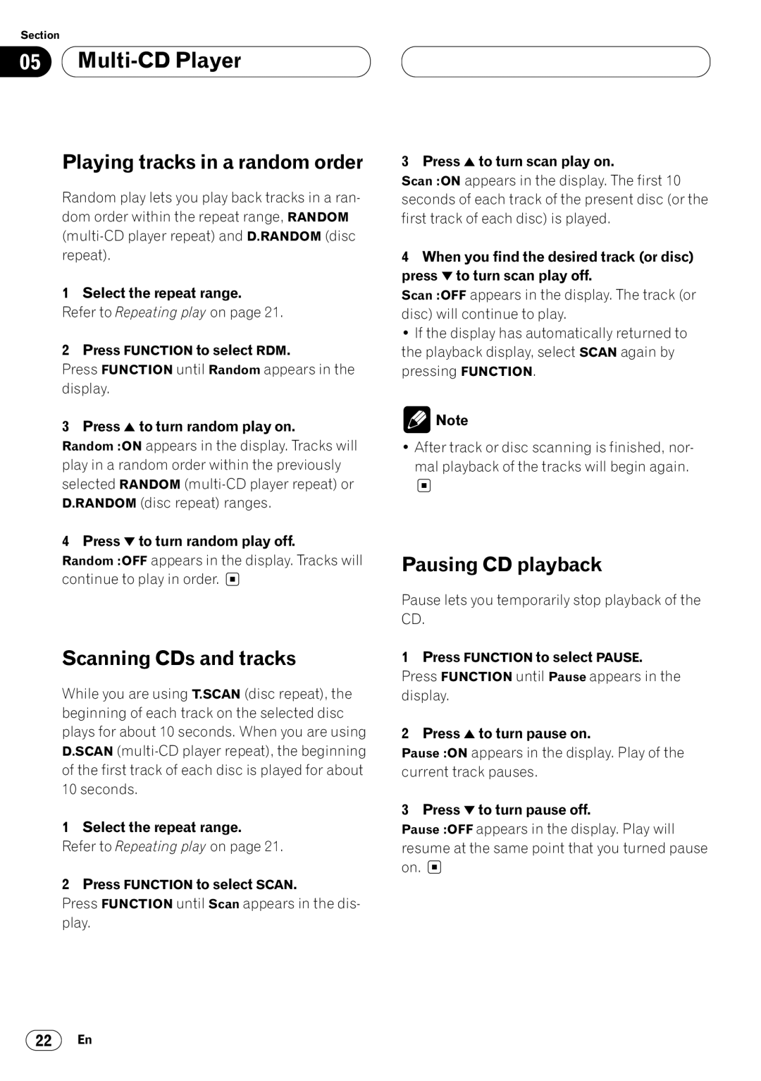 Pioneer DEH-P640 operation manual Scanning CDs and tracks, Select the repeat range, Press Function to select Scan 