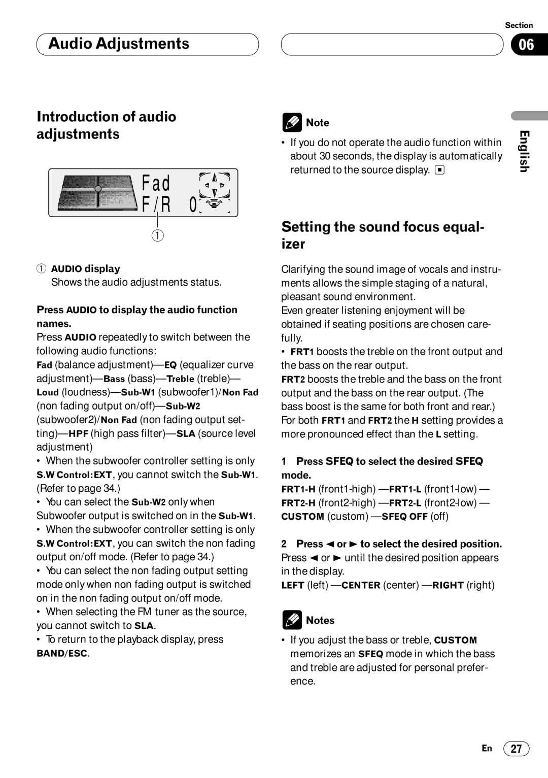 Pioneer DEH-P640 operation manual Audio Adjustments, Introduction of audio adjustments, Setting the sound focus equal, Izer 