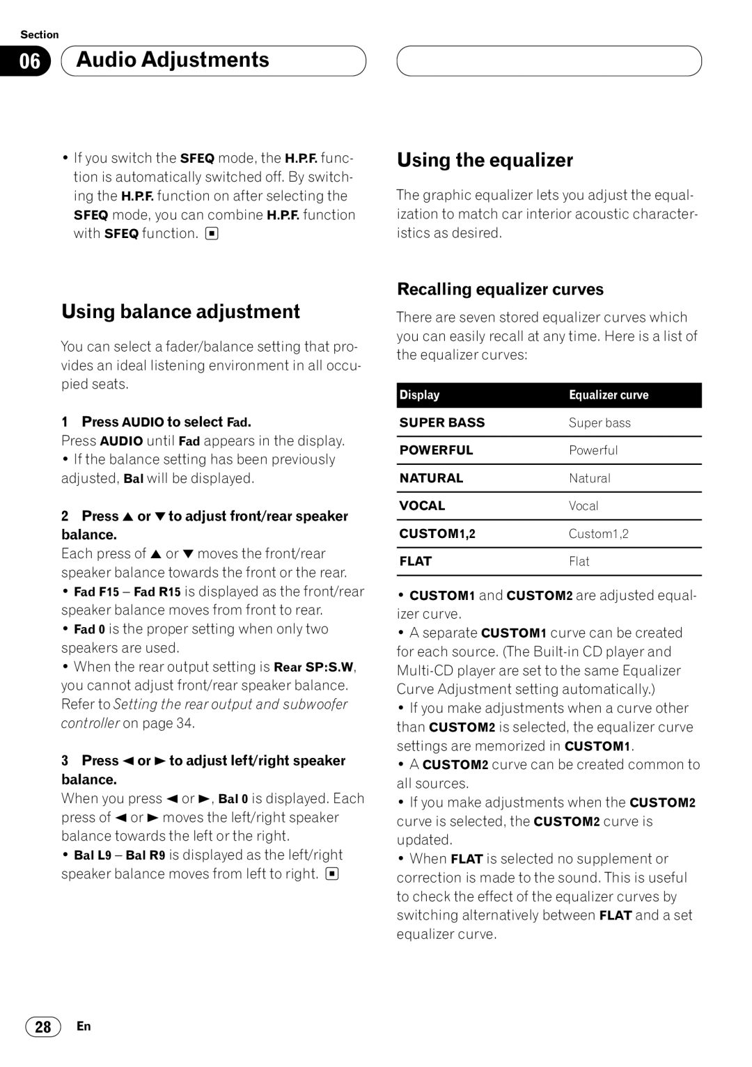 Pioneer DEH-P640 operation manual Using the equalizer, Using balance adjustment, Recalling equalizer curves 