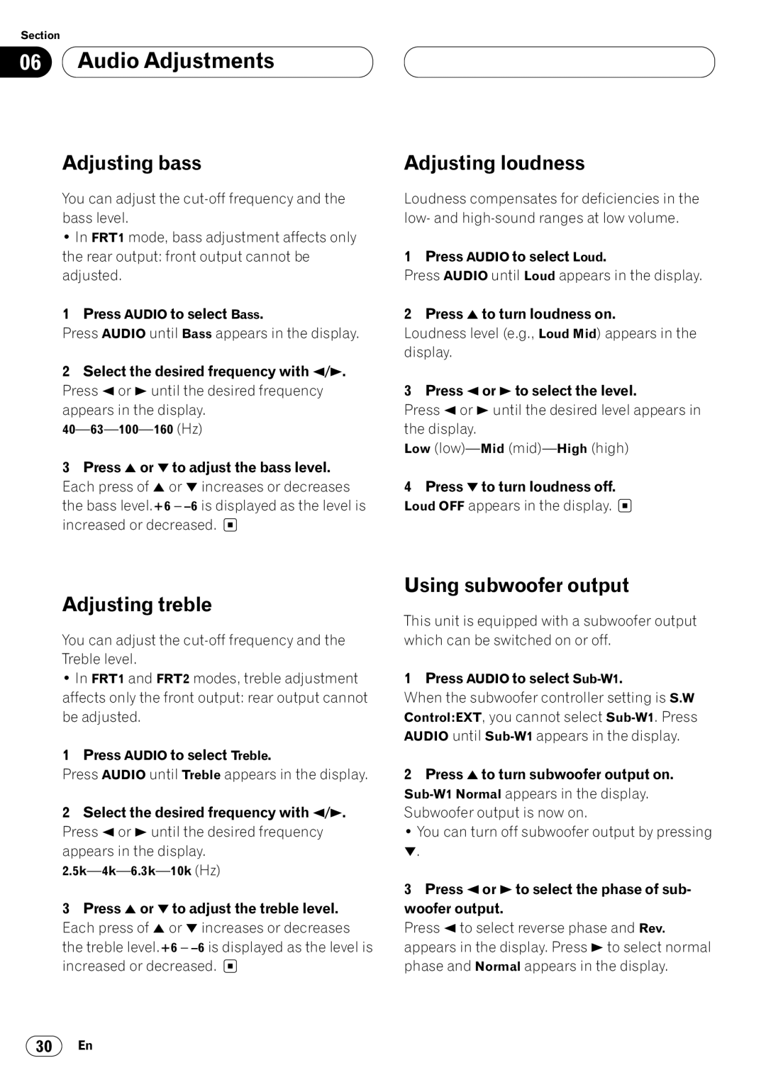 Pioneer DEH-P640 operation manual Adjusting bass, Adjusting loudness, Adjusting treble, Using subwoofer output 