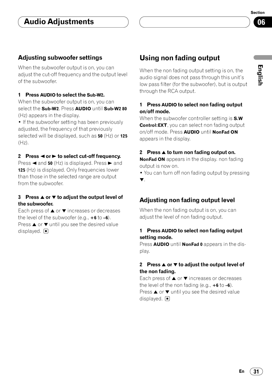 Pioneer DEH-P640 operation manual Using non fading output, Adjusting subwoofer settings, Adjusting non fading output level 