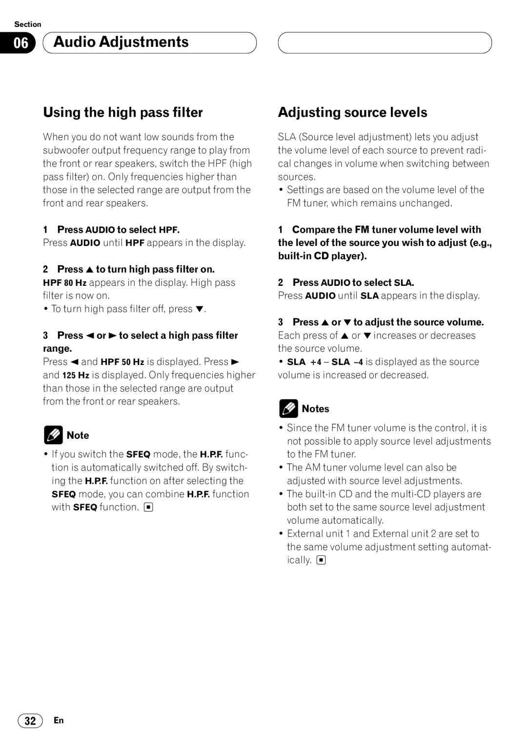 Pioneer DEH-P640 operation manual Using the high pass filter, Adjusting source levels, Press Audio to select HPF 