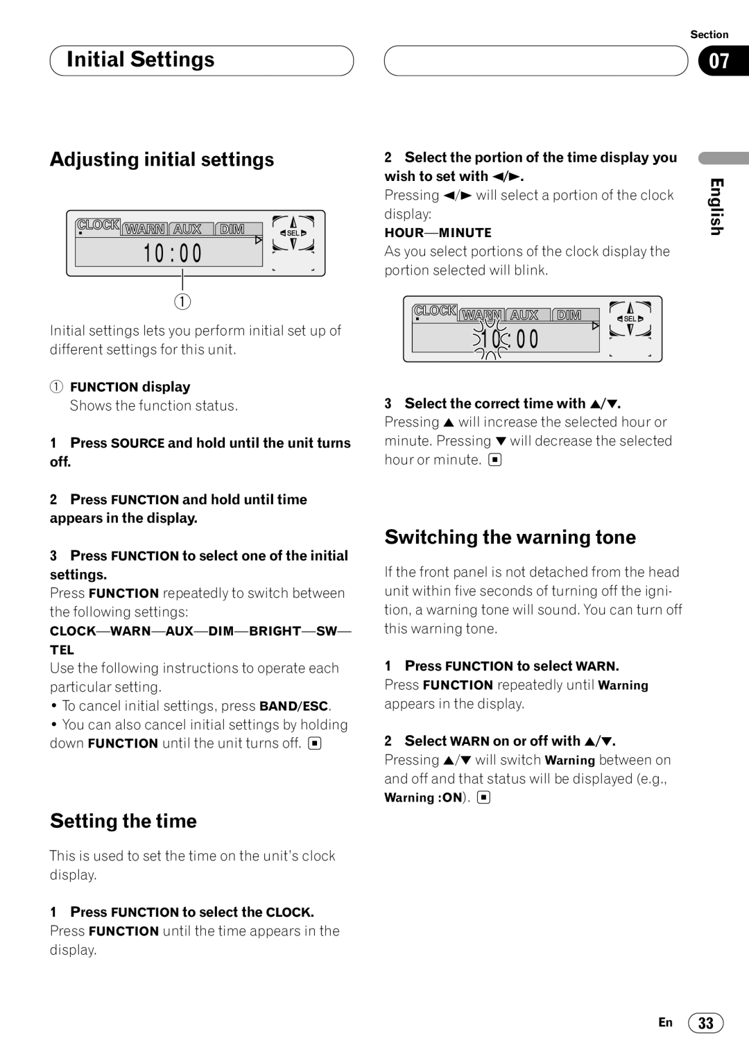 Pioneer DEH-P640 Initial Settings, Adjusting initial settings, Setting the time, Switching the warning tone 