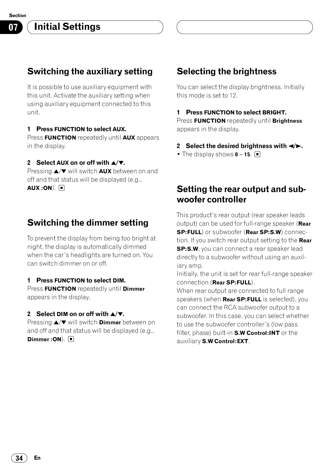 Pioneer DEH-P640 operation manual Switching the auxiliary setting, Switching the dimmer setting, Selecting the brightness 