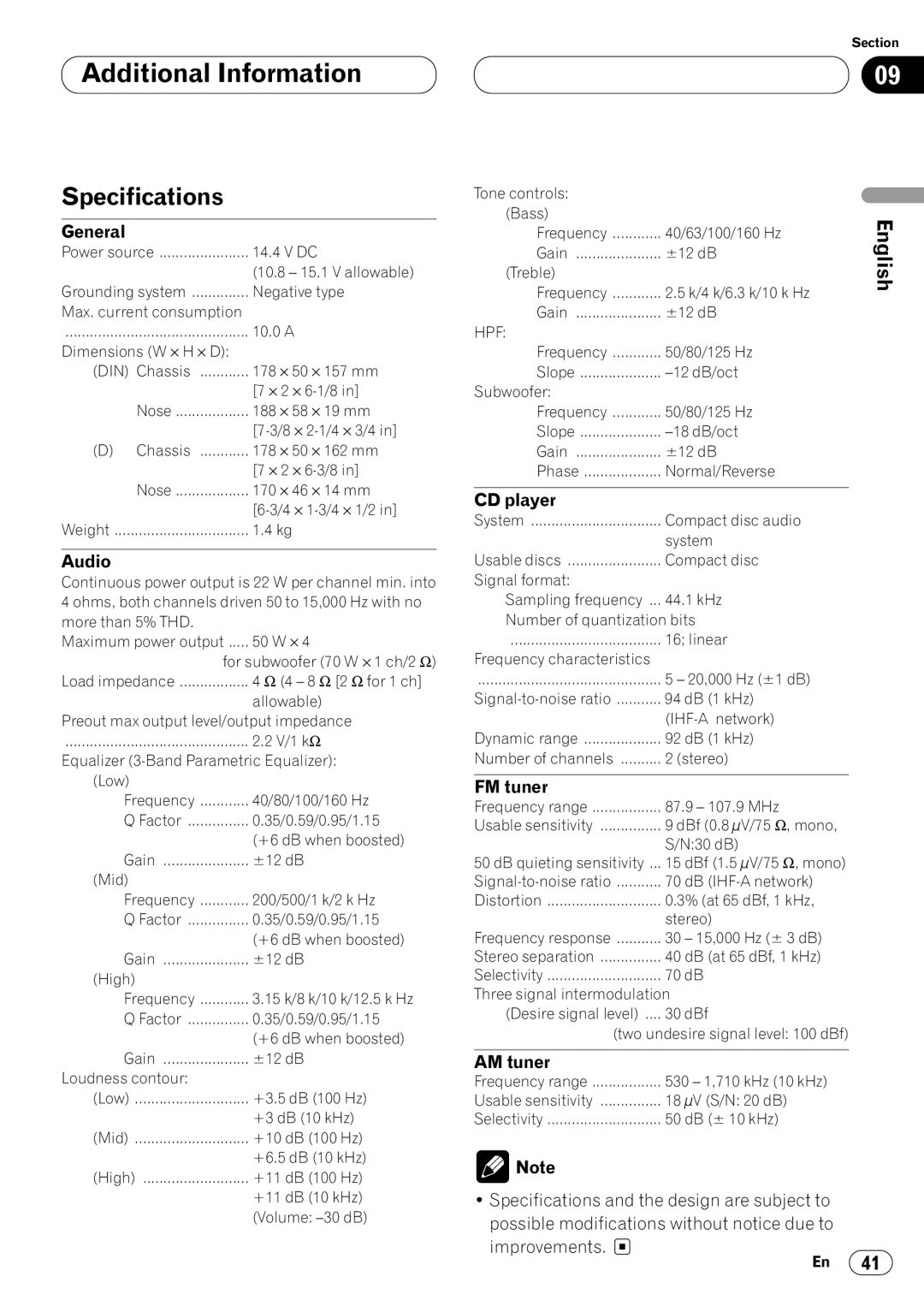 Pioneer DEH-P640 operation manual Specifications 