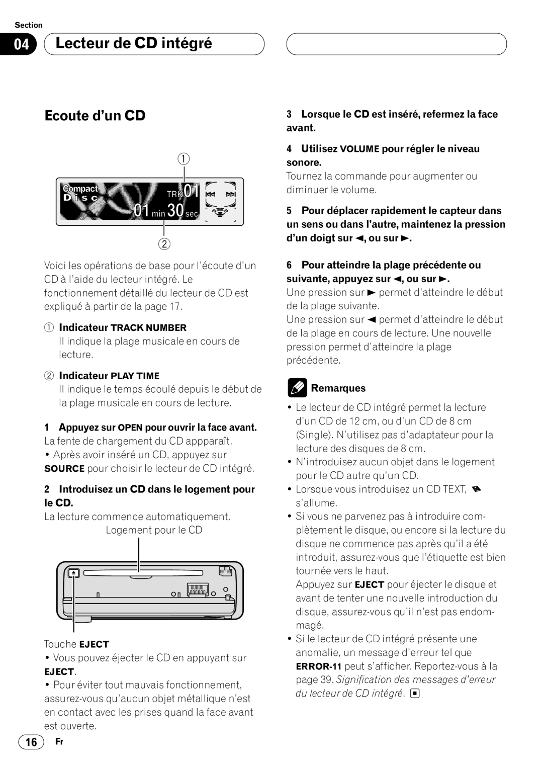 Pioneer DEH-P640 operation manual Lecteur de CD intégré, Ecoute d’un CD, Indicateur Play Time 