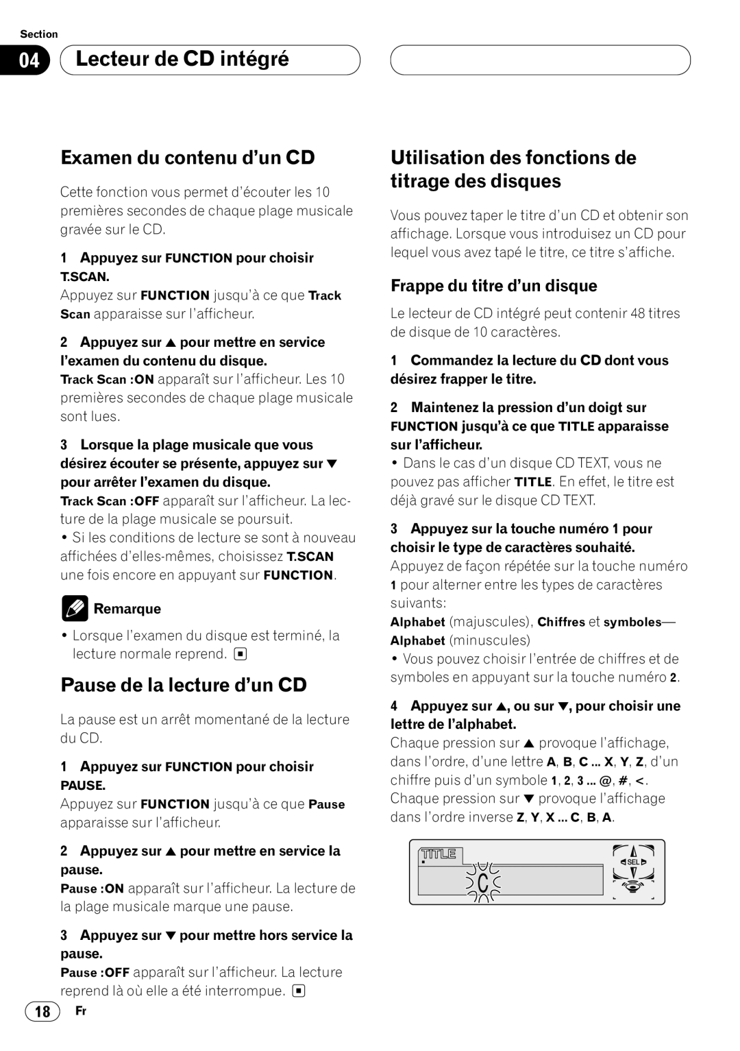 Pioneer DEH-P640 Examen du contenu d’un CD, Pause de la lecture d’un CD, Utilisation des fonctions de titrage des disques 