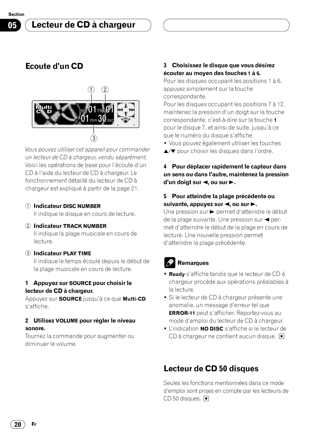 Pioneer DEH-P640 operation manual Lecteur de CD à chargeur, Lecteur de CD 50 disques, Indicateur Disc Number 