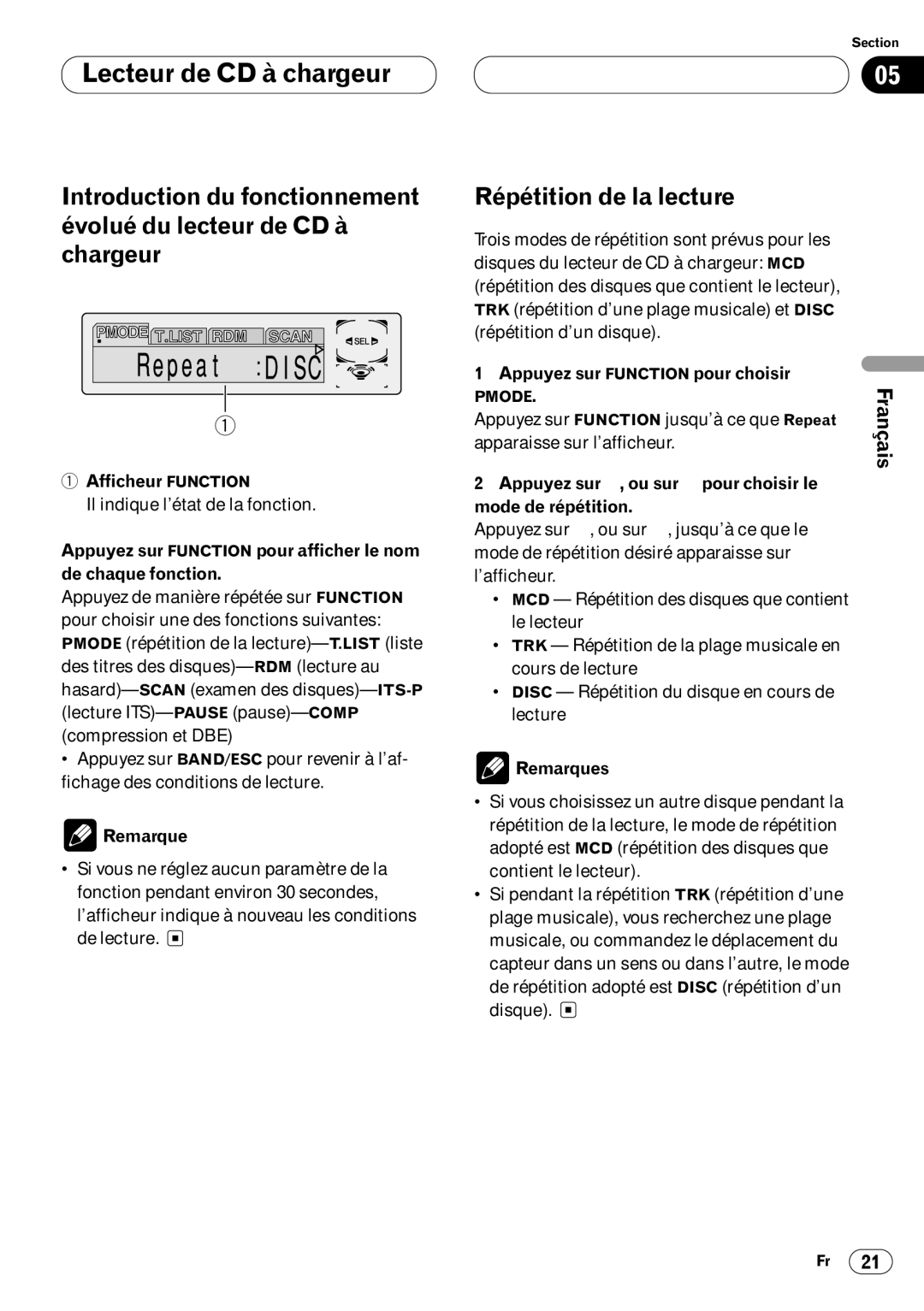 Pioneer DEH-P640 operation manual Afficheur Function, Appuyez sur 2, ou sur 3 pour choisir le Mode de répétition 