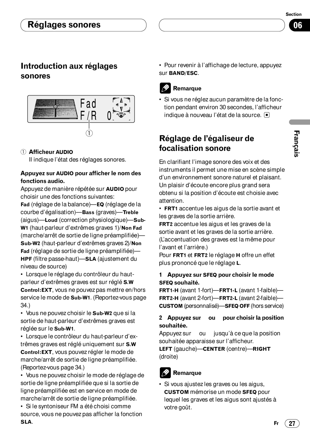 Pioneer DEH-P640 Réglages sonores, Introduction aux réglages sonores, Réglage de l’égaliseur de, Focalisation sonore 