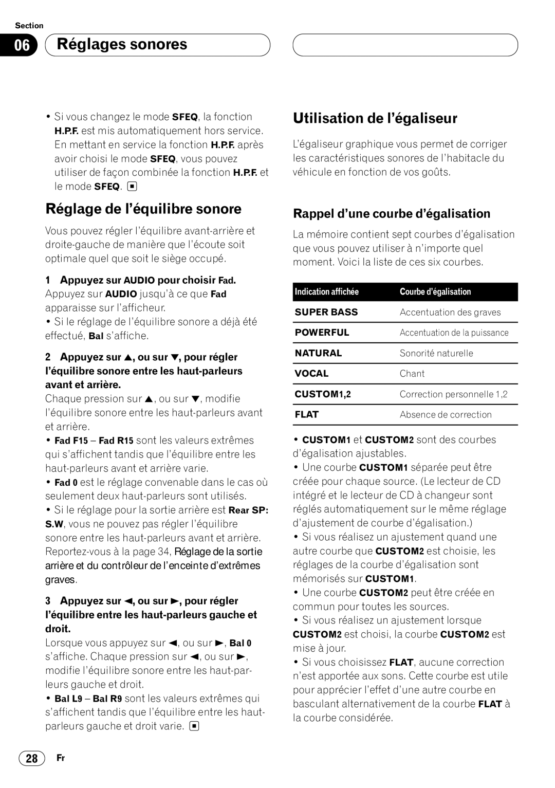 Pioneer DEH-P640 operation manual 06 Réglages sonores, Utilisation de l’égaliseur, Réglage de l’équilibre sonore 