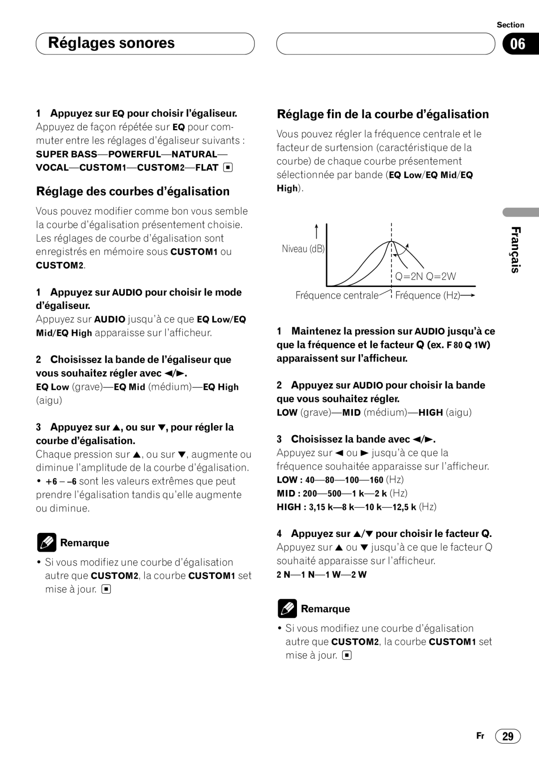 Pioneer DEH-P640 operation manual Réglage des courbes d’égalisation, Réglage fin de la courbe d’égalisation 