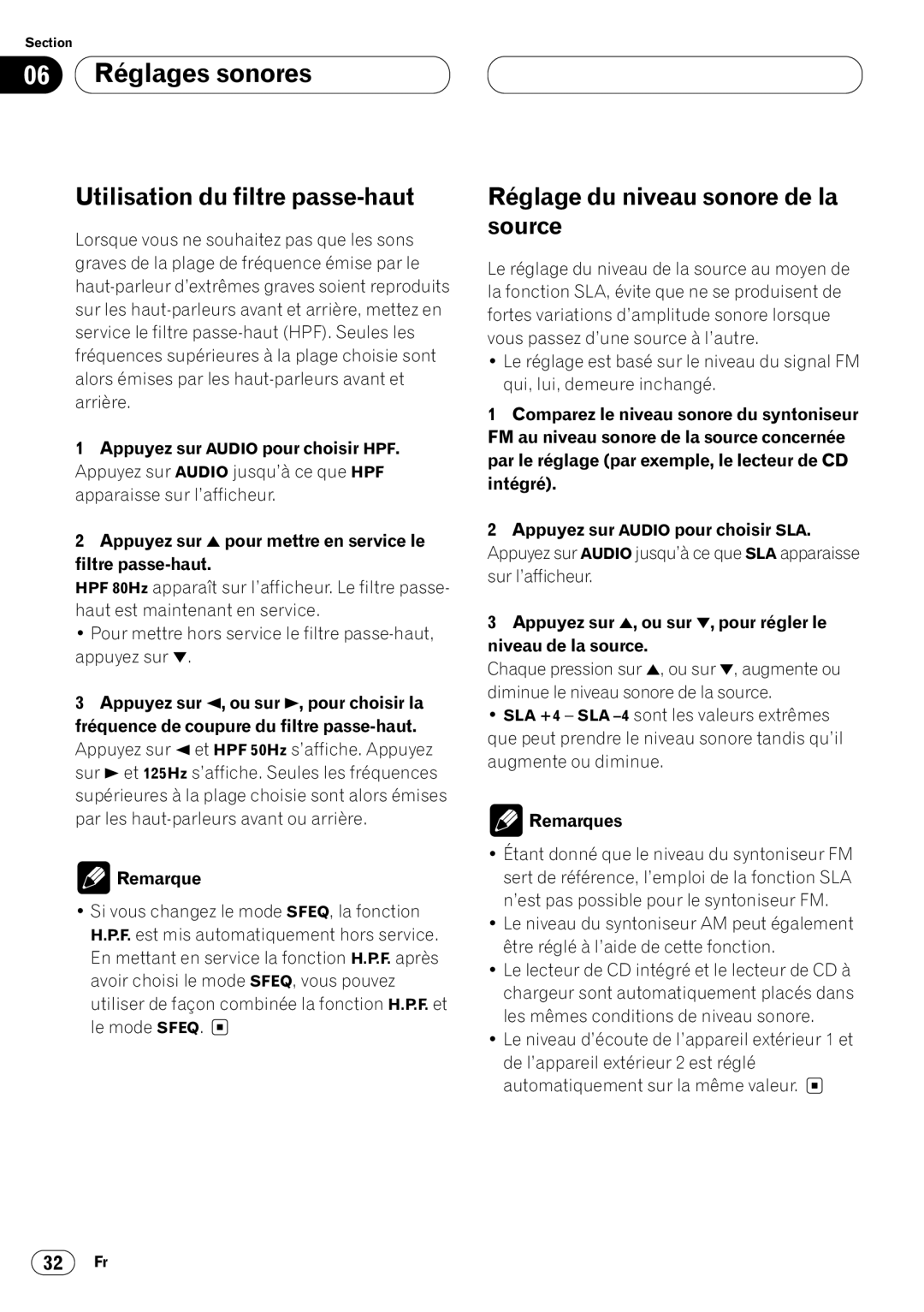 Pioneer DEH-P640 operation manual Utilisation du filtre passe-haut, Réglage du niveau sonore de la source 