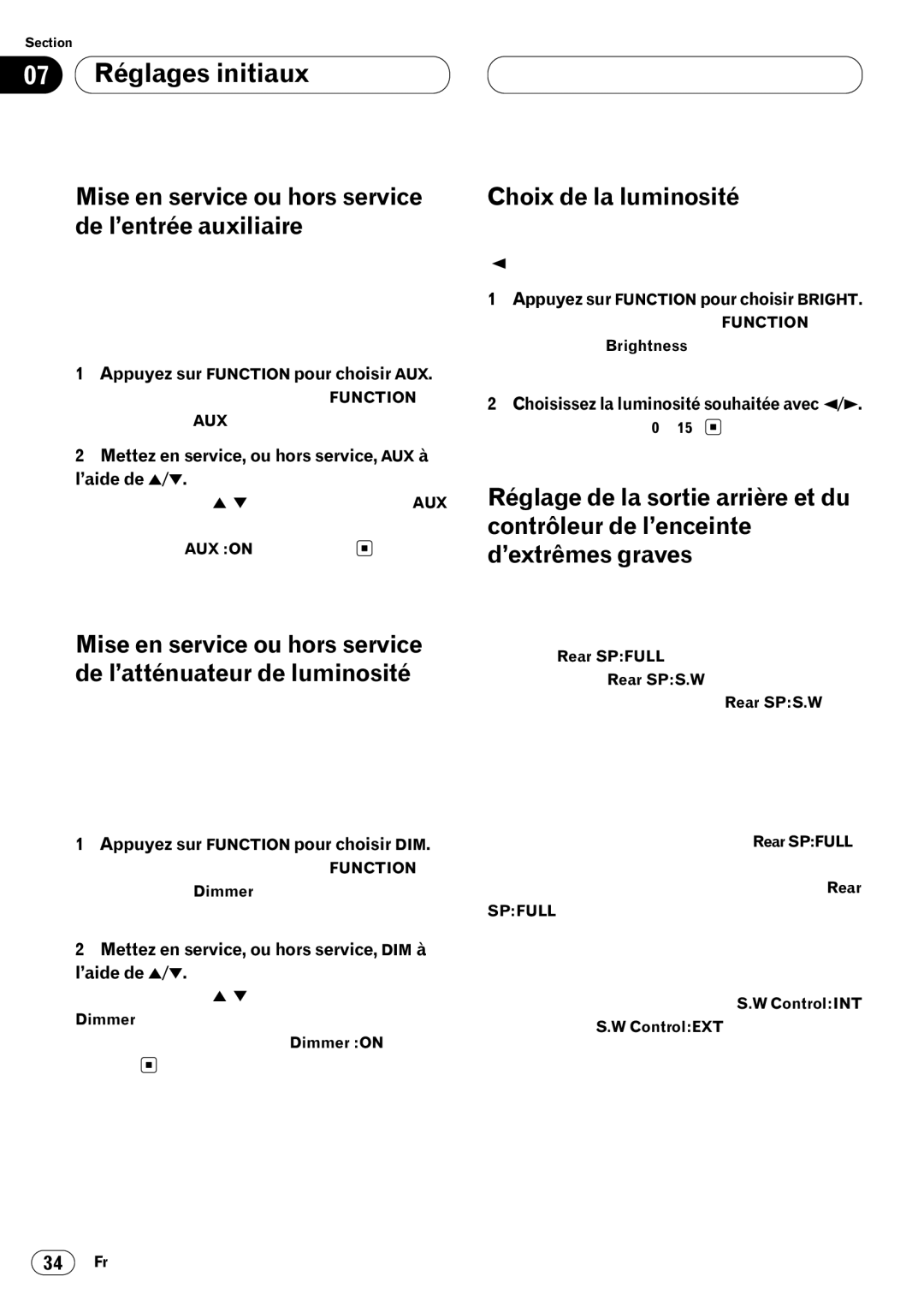 Pioneer DEH-P640 07 Réglages initiaux, Mise en service ou hors service de l’entrée auxiliaire, Choix de la luminosité 