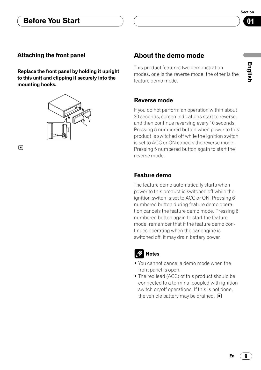 Pioneer DEH-P640 operation manual About the demo mode, Attaching the front panel, Reverse mode, Feature demo 