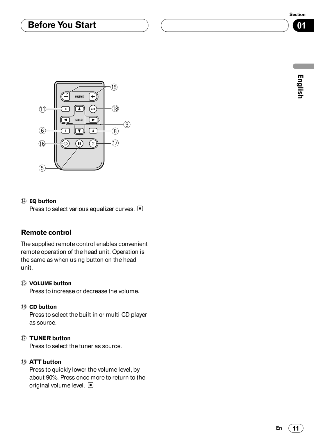 Pioneer DEH-P6400 operation manual Remote control, EQ button, # CD button, $ Tuner button, ATT button 