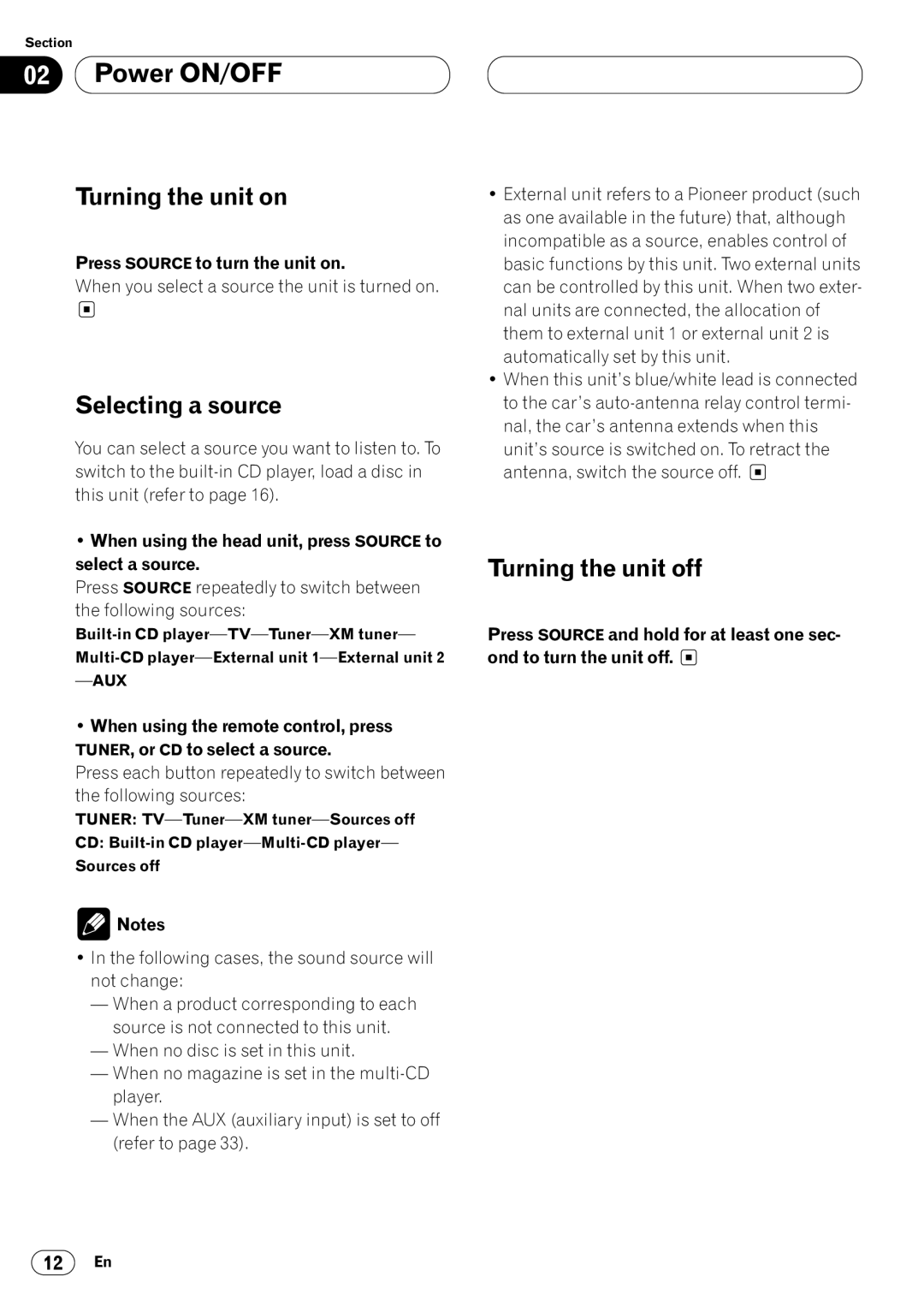 Pioneer DEH-P6400 operation manual Power ON/OFF, Turning the unit on, Selecting a source, Turning the unit off 