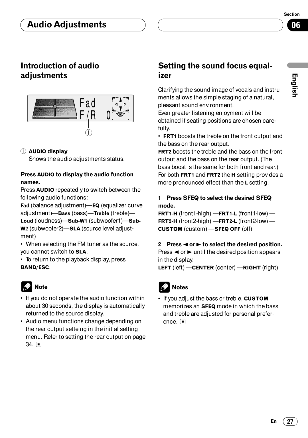 Pioneer DEH-P6400 operation manual Audio Adjustments, Introduction of audio adjustments, Setting the sound focus equal Izer 