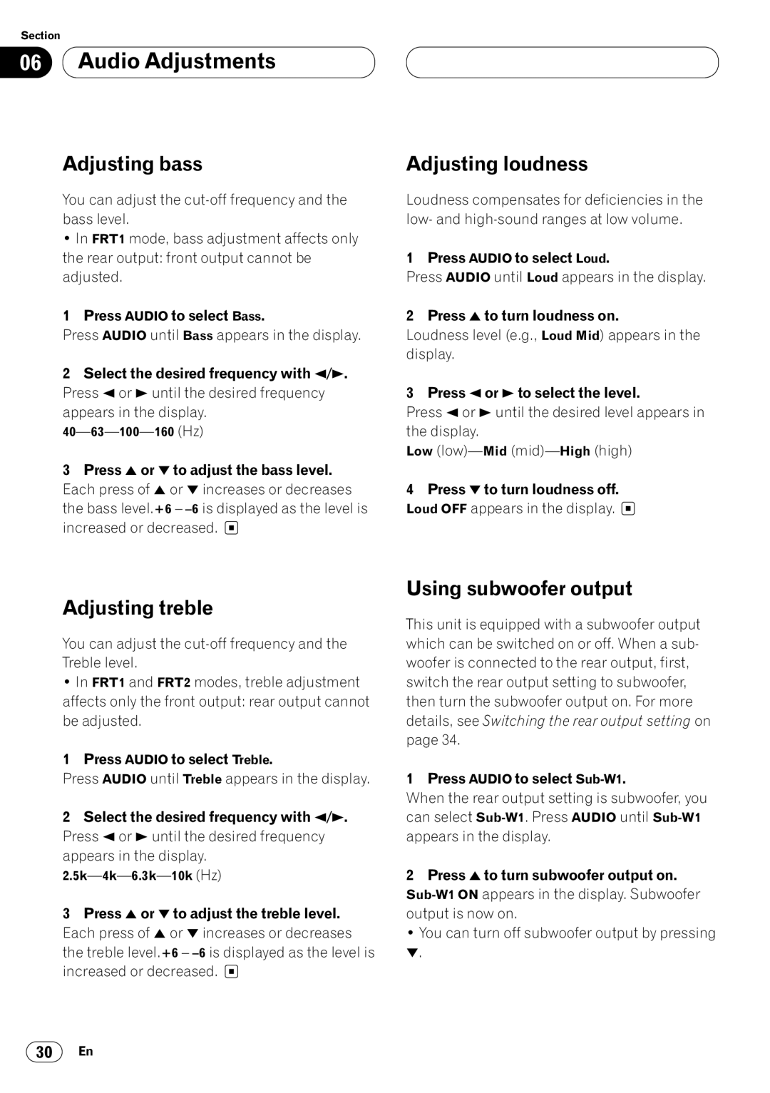 Pioneer DEH-P6400 operation manual Adjusting bass, Adjusting loudness, Adjusting treble, Using subwoofer output 