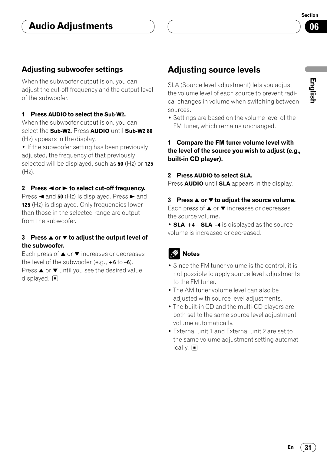 Pioneer DEH-P6400 operation manual Adjusting source levels, Adjusting subwoofer settings 