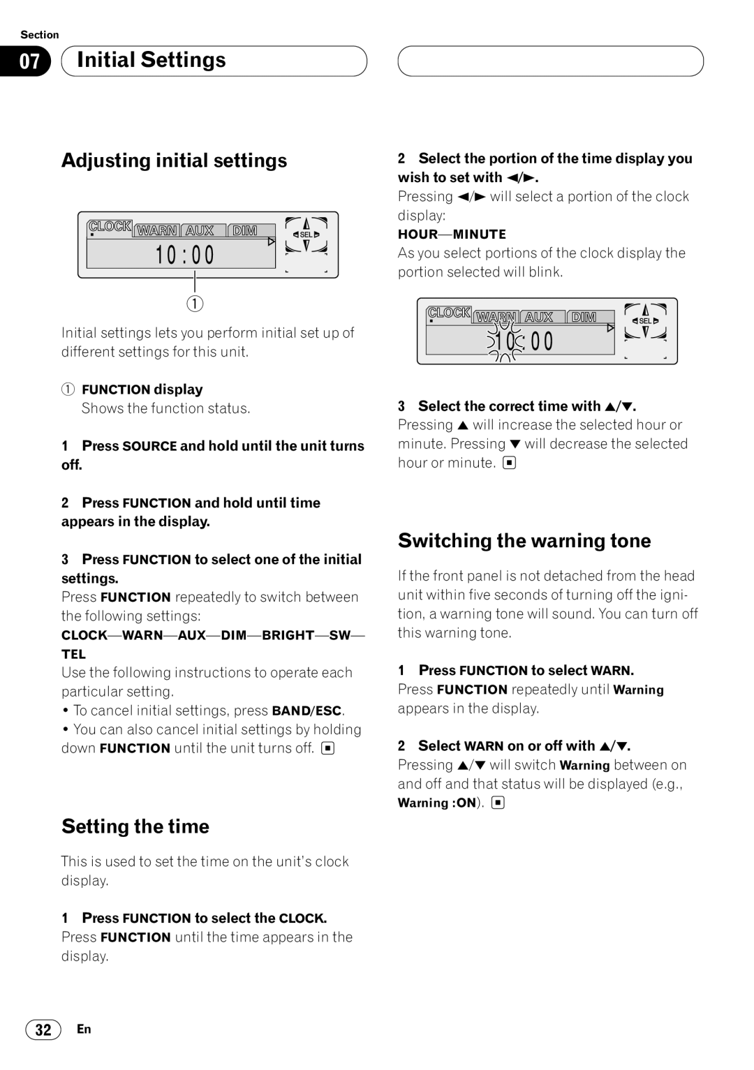 Pioneer DEH-P6400 Initial Settings, Adjusting initial settings, Setting the time, Switching the warning tone 