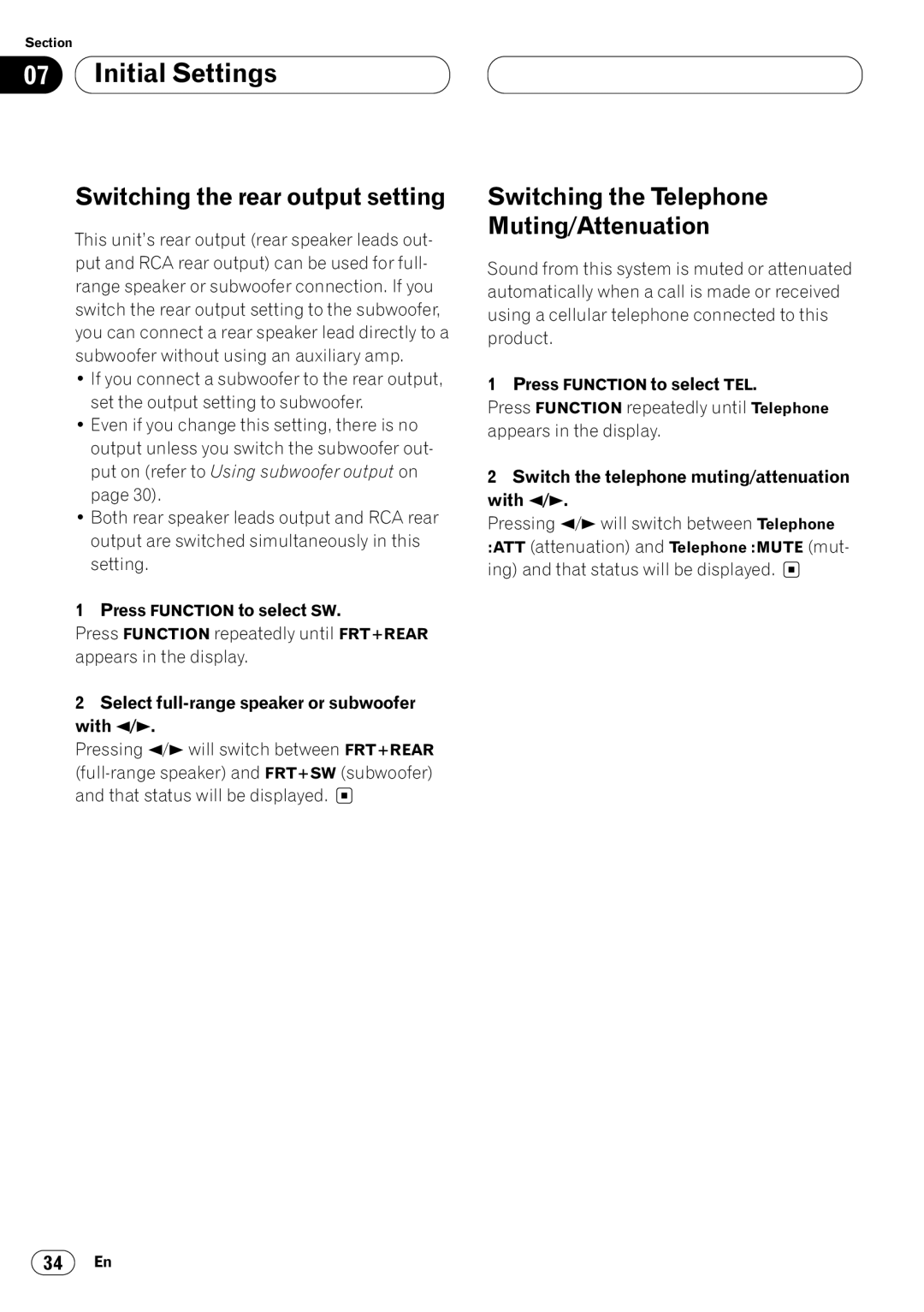 Pioneer DEH-P6400 Switching the rear output setting, Press Function to select SW, Press Function to select TEL 