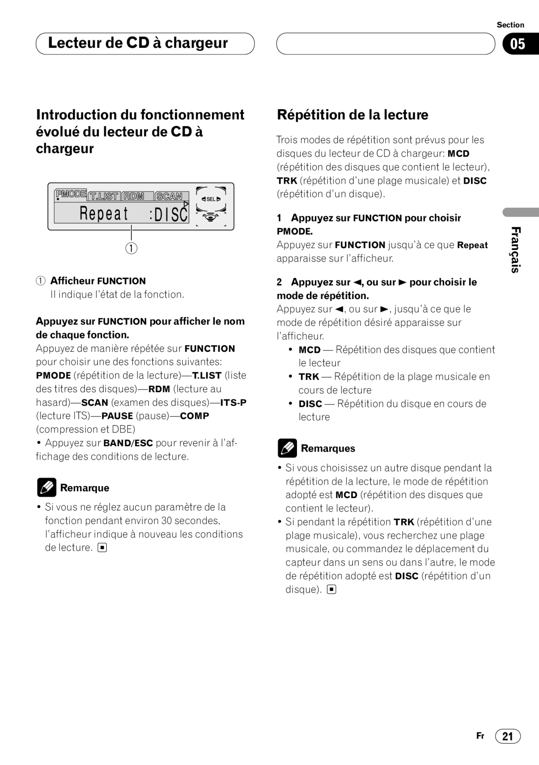 Pioneer DEH-P6400 operation manual Afficheur Function, Appuyez sur 2, ou sur 3 pour choisir le Mode de répétition 