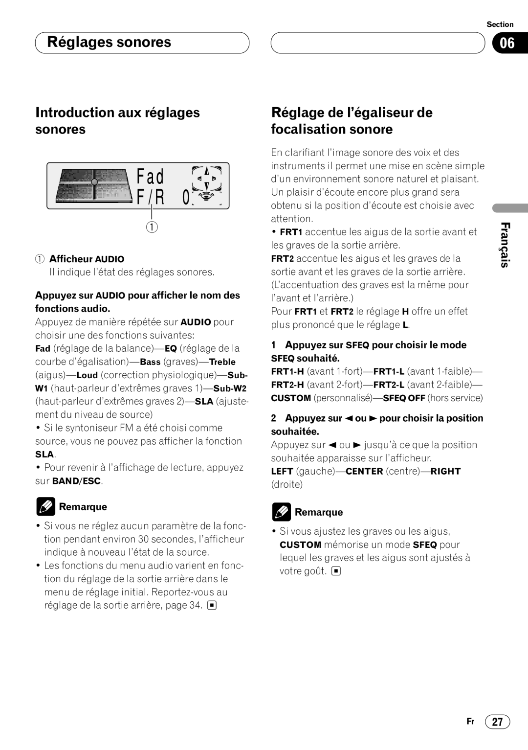 Pioneer DEH-P6400 Réglages sonores, Introduction aux réglages sonores, Réglage de l’égaliseur de focalisation sonore 