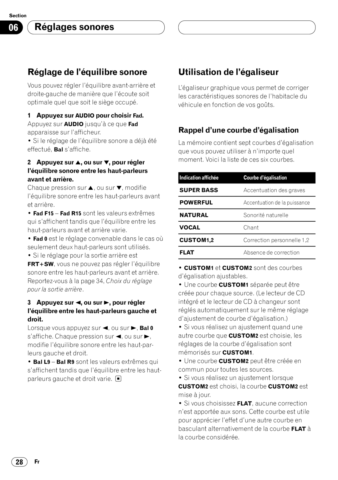 Pioneer DEH-P6400 operation manual 06 Réglages sonores, Réglage de l’équilibre sonore, Utilisation de l’égaliseur 