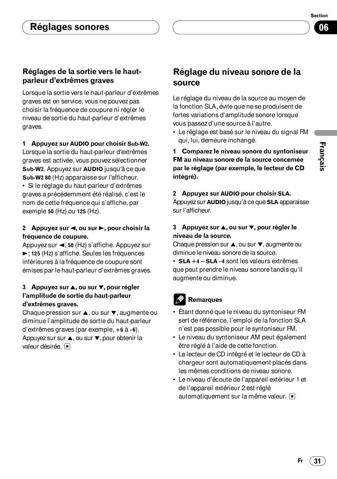 Pioneer DEH-P6400 Réglage du niveau sonore de la Source, Appuyez sur 5, ou sur ∞, pour régler le Niveau de la source 