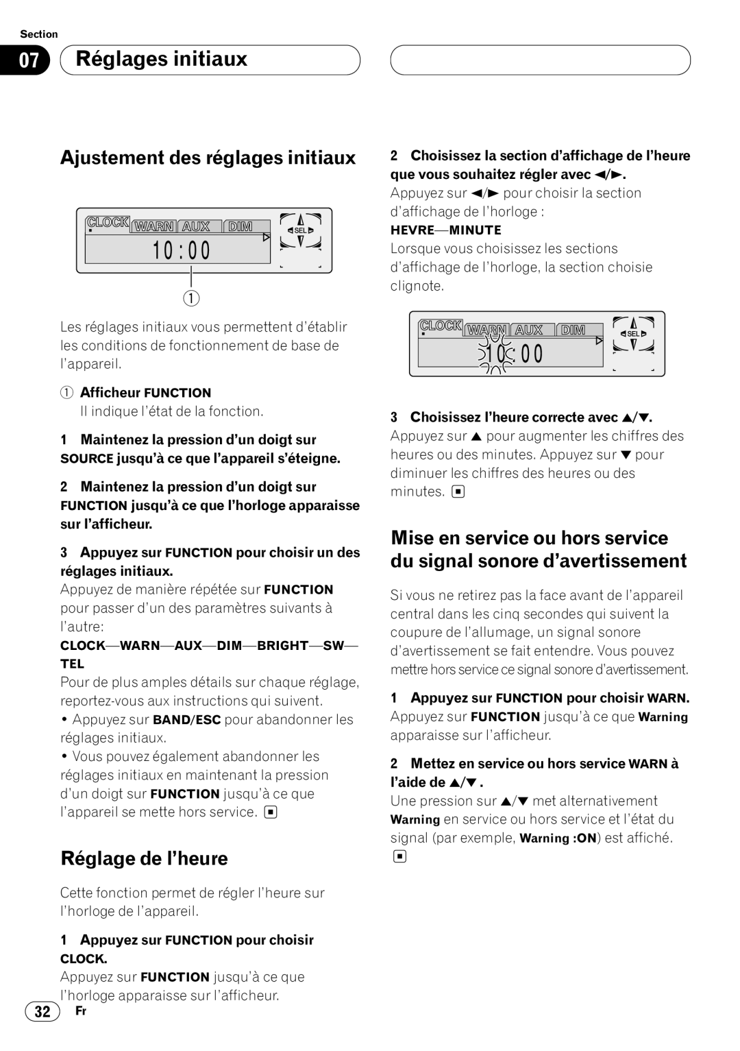 Pioneer DEH-P6400 operation manual 07 Réglages initiaux, Ajustement des réglages initiaux, Réglage de l’heure 