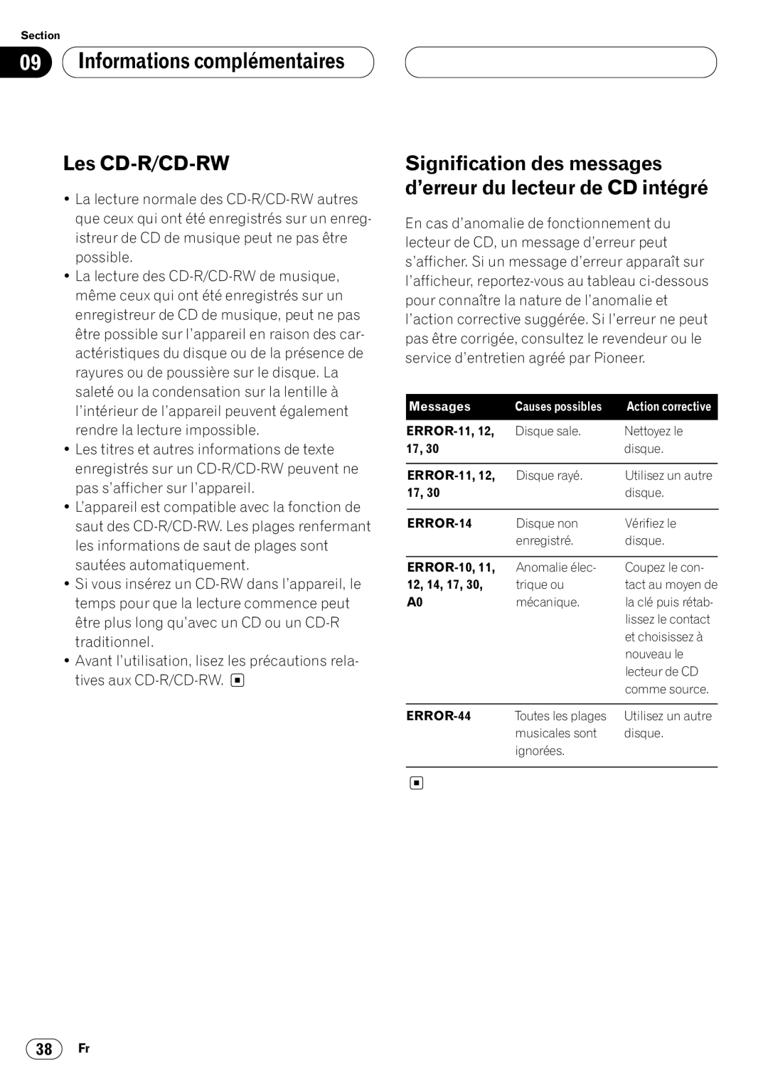 Pioneer DEH-P6400 operation manual Les CD-R/CD-RW, Signification des messages d’erreur du lecteur de CD intégré 