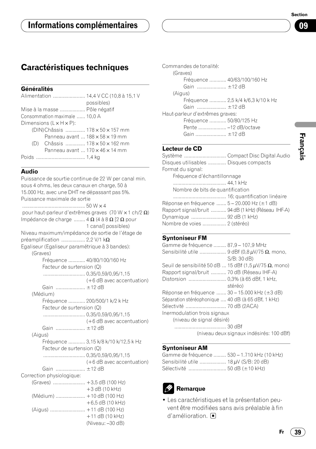 Pioneer DEH-P6400 operation manual Caractéristiques techniques, Généralités, Lecteur de CD, Syntoniseur FM, Syntoniseur AM 