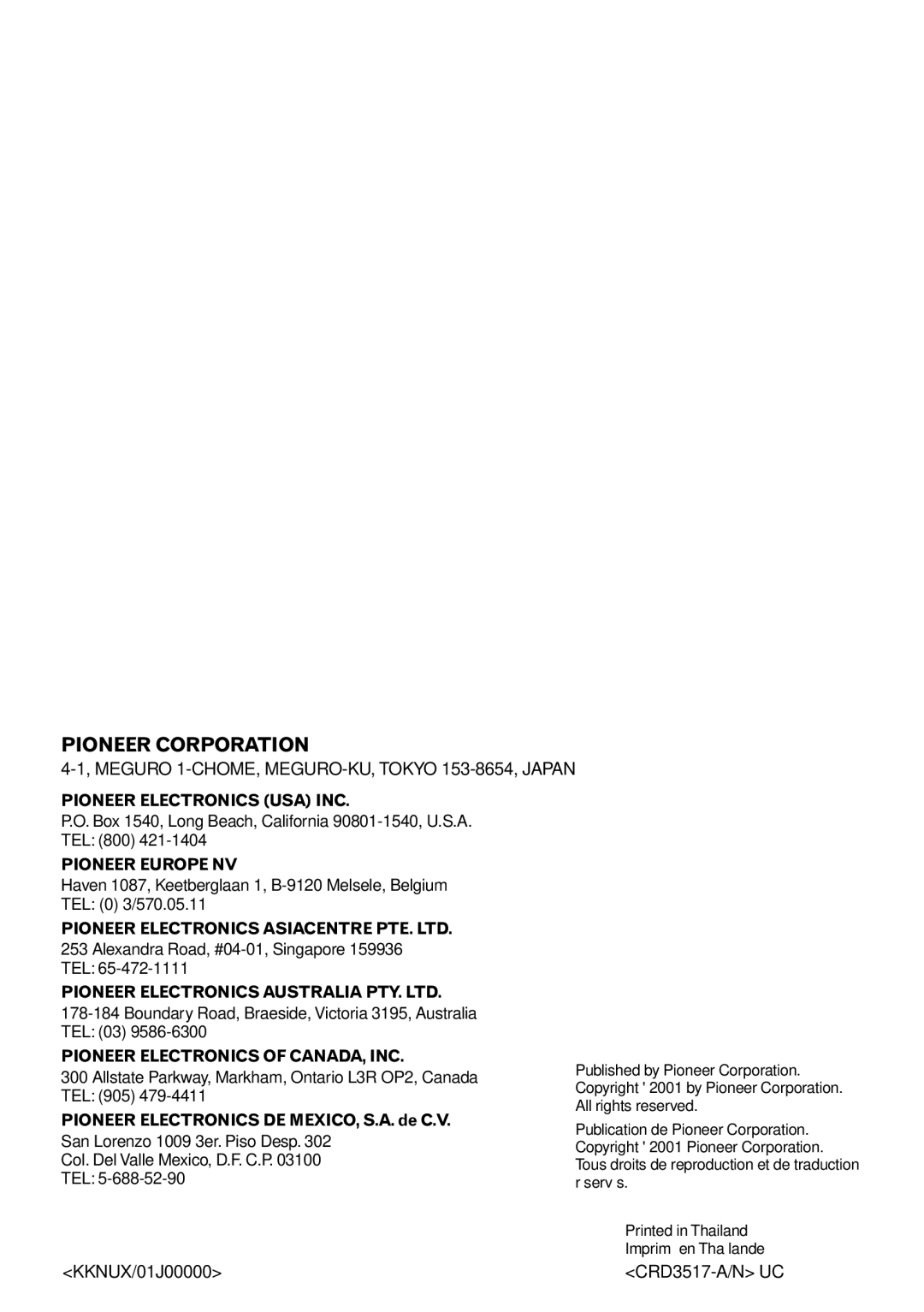 Pioneer DEH-P6400 operation manual Pioneer Corporation 