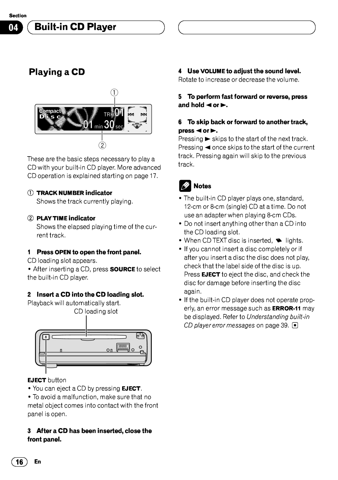 Pioneer DEH-P6400 operation manual 04Built-inCD Player, Playing a CD, Notes 
