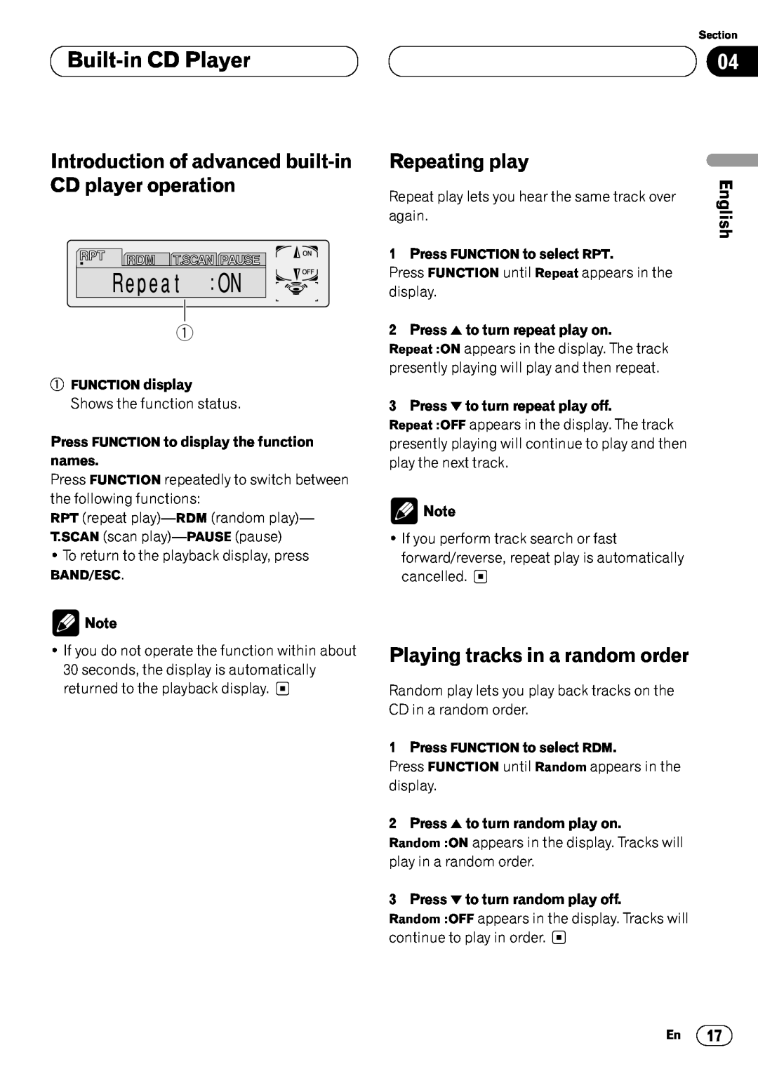 Pioneer DEH-P6400 operation manual Built-inCD Player, Repeating play, Playing tracks in a random order, Français, Italiano 