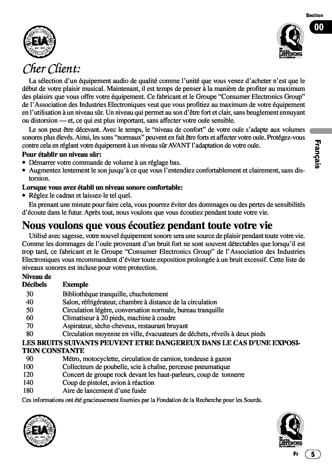 Pioneer DEH-P6400 English, Français Deutsch, Pour établir un niveau sûr, Niveau de, Décibels, Exemple, Cher Client 