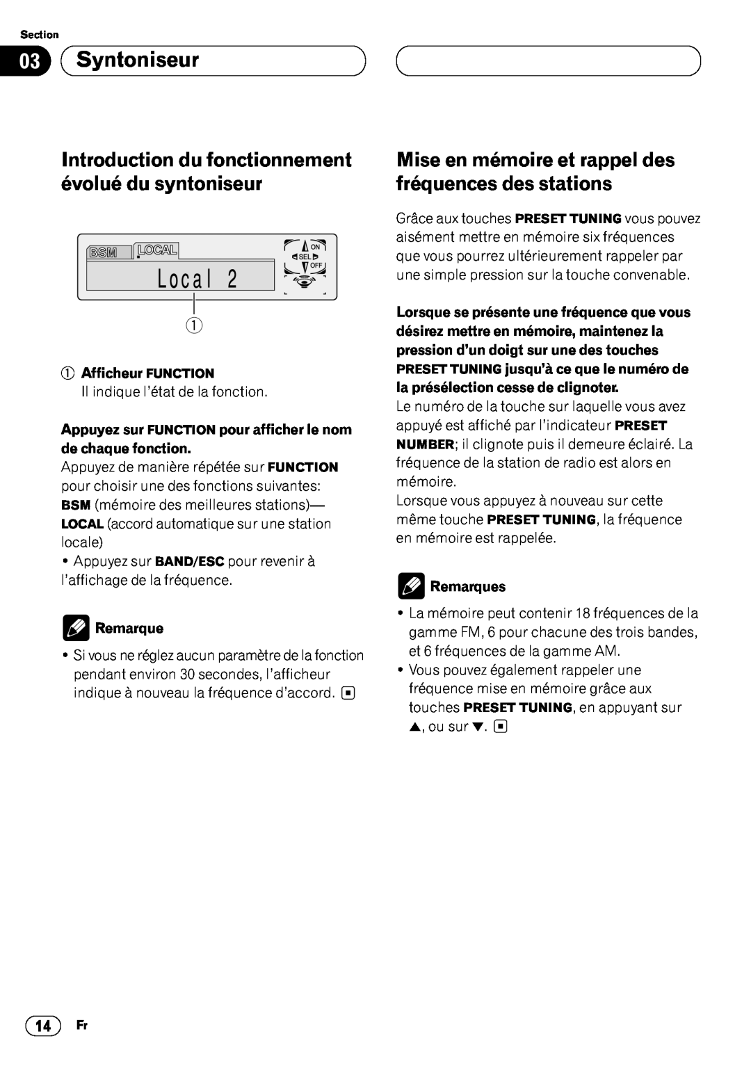 Pioneer DEH-P6400 operation manual 03Syntoniseur, 1Afficheur FUNCTION, Remarques 