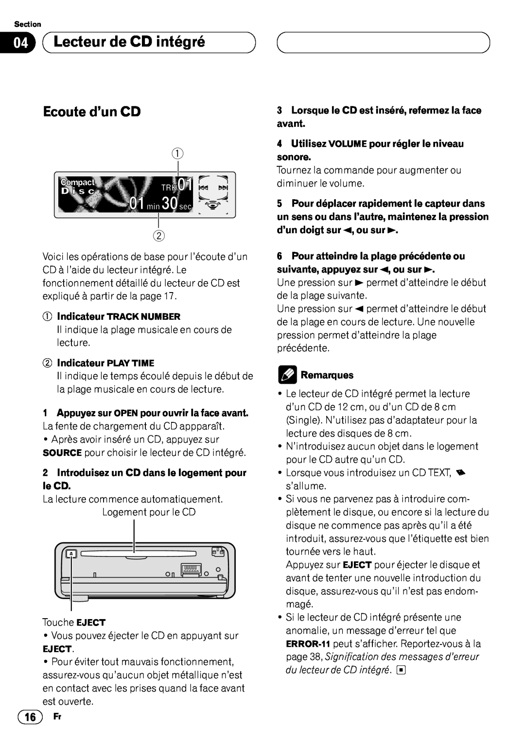 Pioneer DEH-P6400 operation manual 04Lecteur de CD intégré, Ecoute d’un CD, 2Indicateur PLAY TIME, Remarques 