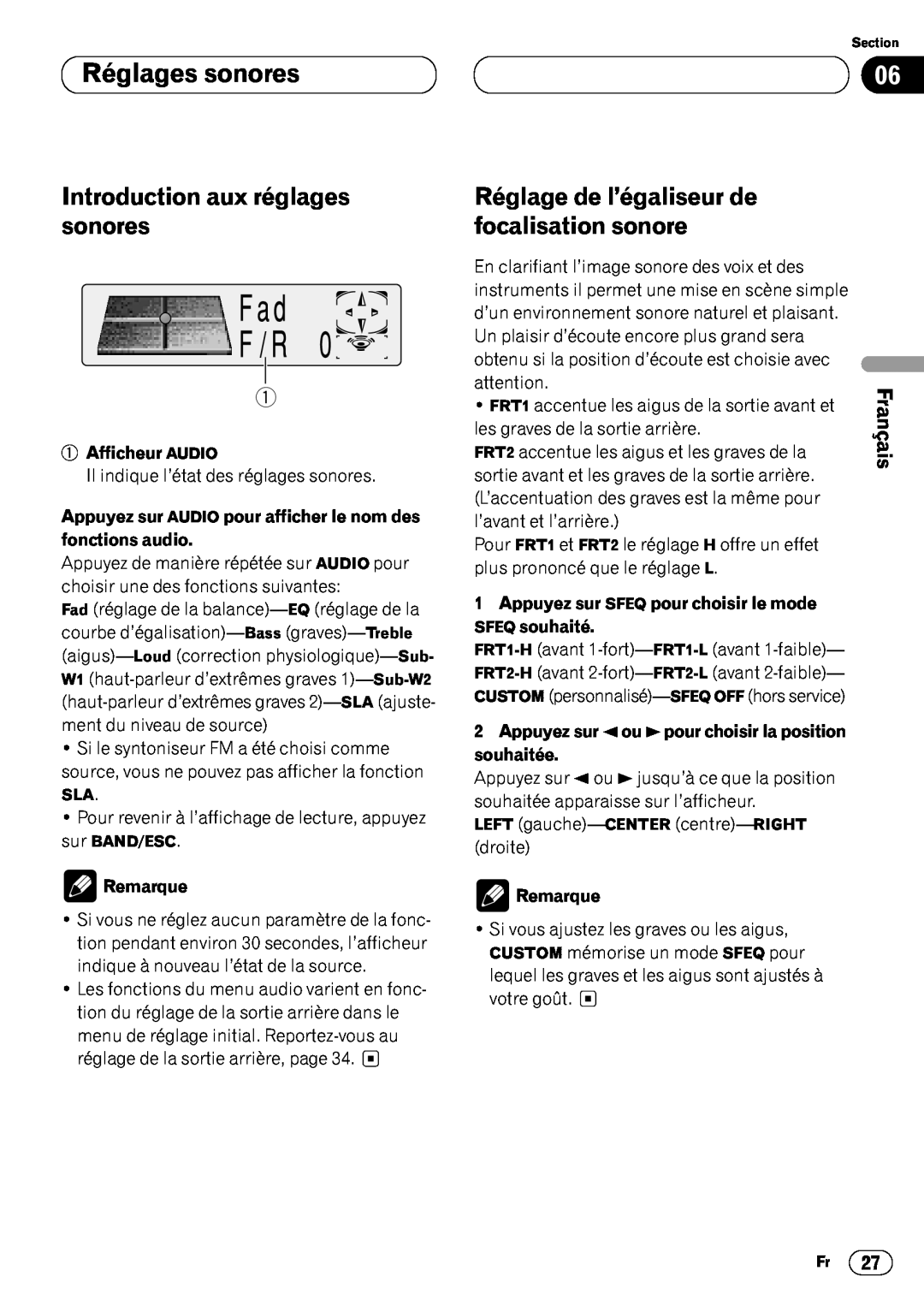Pioneer DEH-P6400 Réglages sonores06, Introduction aux réglages sonores, Réglage de l’égaliseur de focalisation sonore 