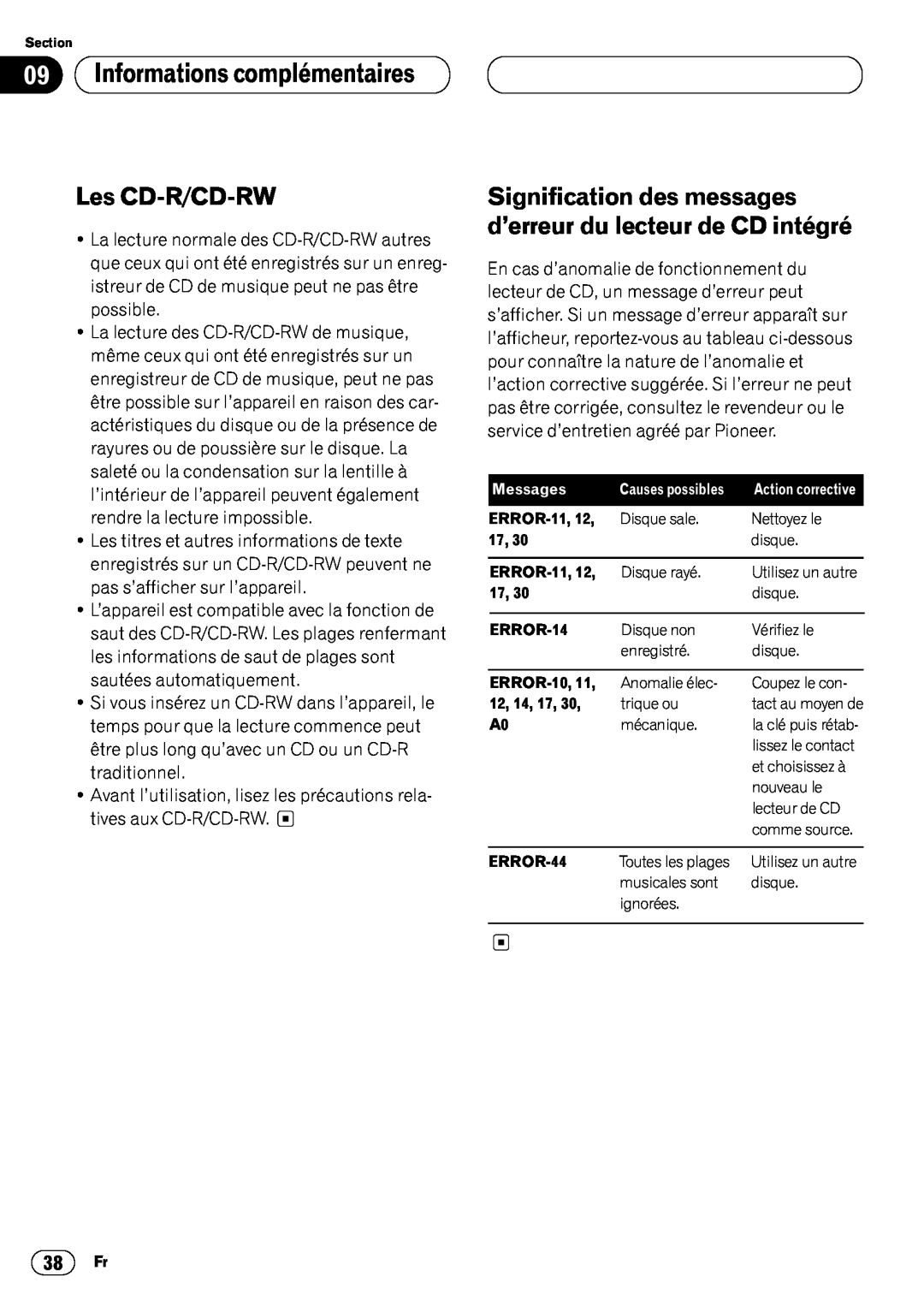 Pioneer DEH-P6400 operation manual 09Informations complémentaires, Les CD-R/CD-RW 
