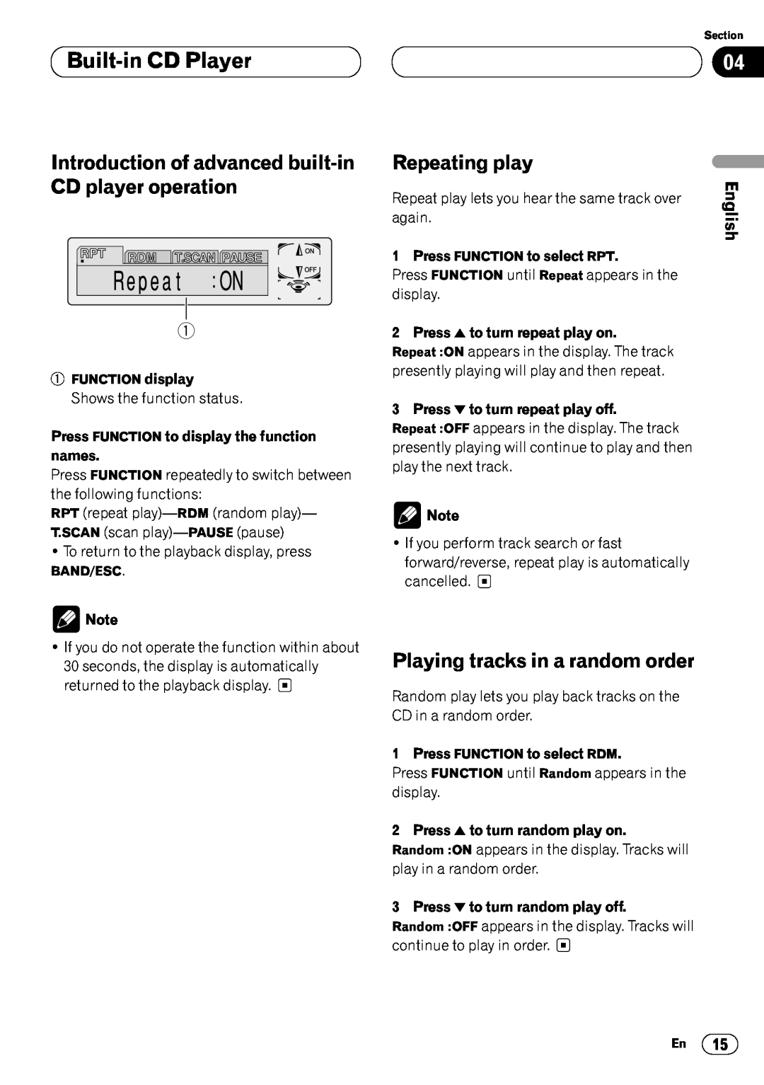 Pioneer DEH-P6450 Introduction of advanced built-in CD player operation, Repeating play, Playing tracks in a random order 