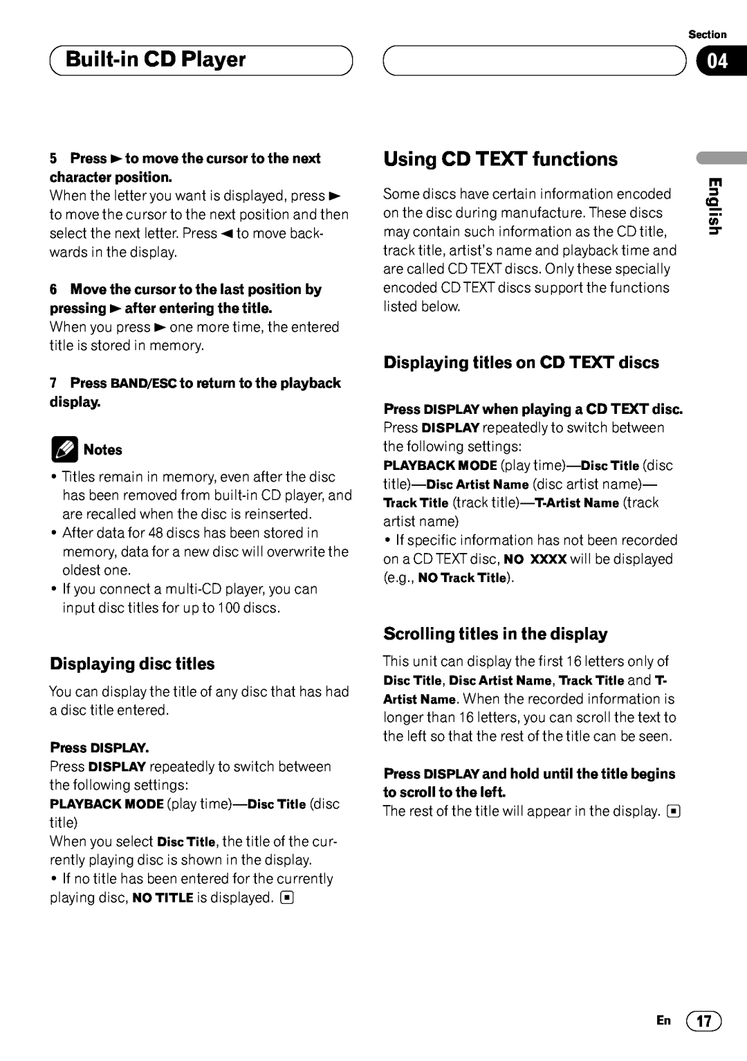 Pioneer DEH-P6450 Using CD TEXT functions, Displaying disc titles, Displaying titles on CD TEXT discs, Press DISPLAY 